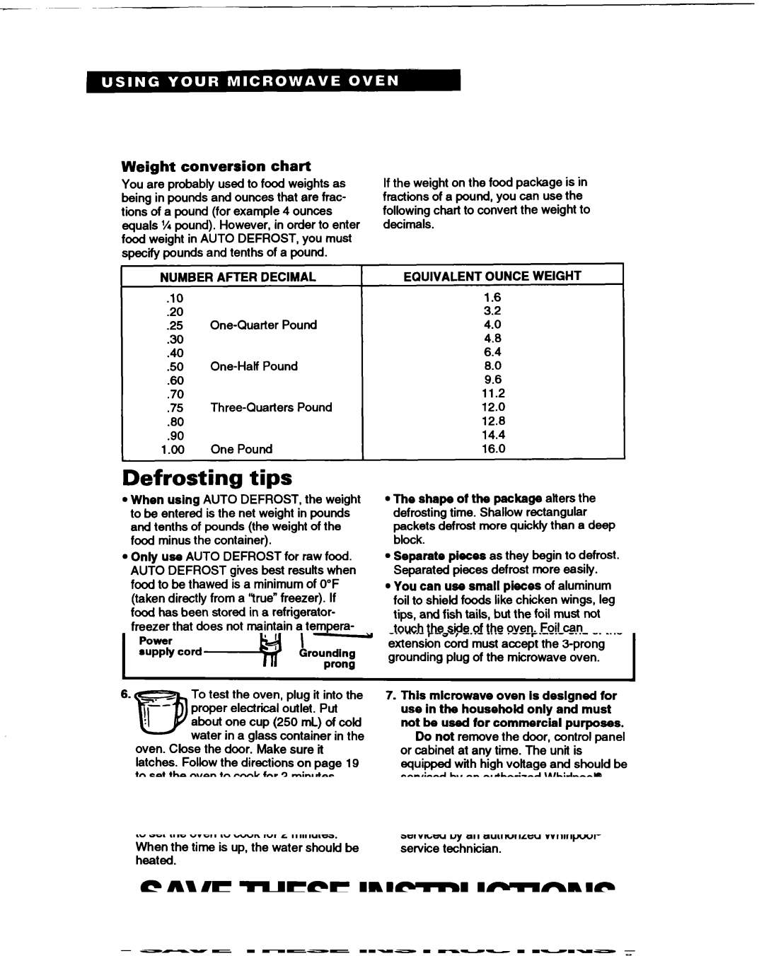 Whirlpool MT1061XB Defrosting tips, Weight conversion chart, Number After Decimal, Equivalent Ounce Weight 