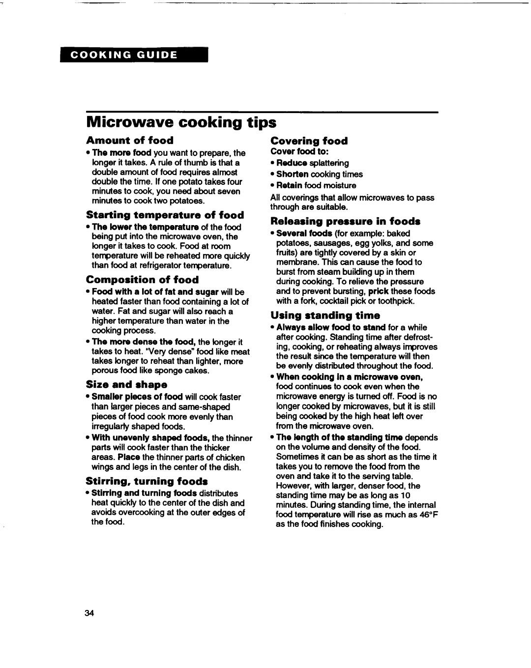 Whirlpool MT1061XB installation instructions Microwave cooking tips 