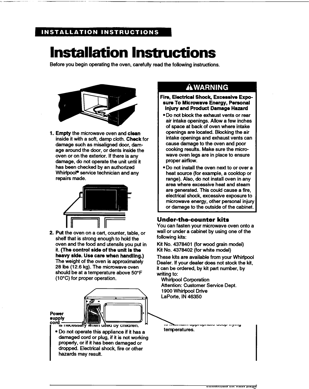 Whirlpool MT1061XB installation instructions Installation Instructions, Under-the-counter kits 