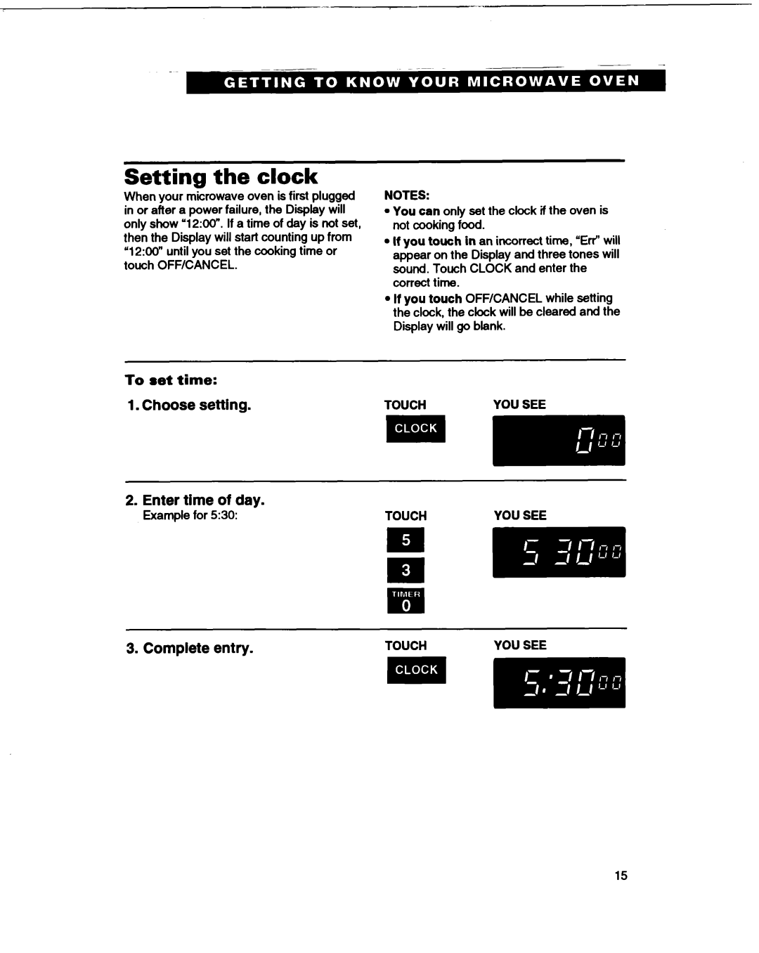 Whirlpool MT1061XB Setting the clock, Choose setting, Enter time of day, Complete entry, To set time, Touch 