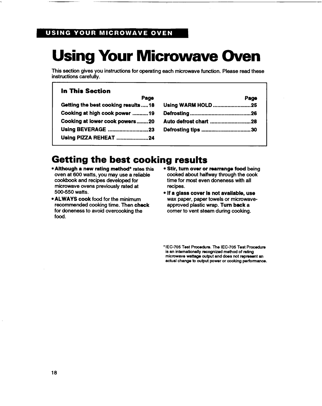 Whirlpool MT1061XB Using Your Microwave Oven, Getting the best cooking, results, In This, Section, Page 