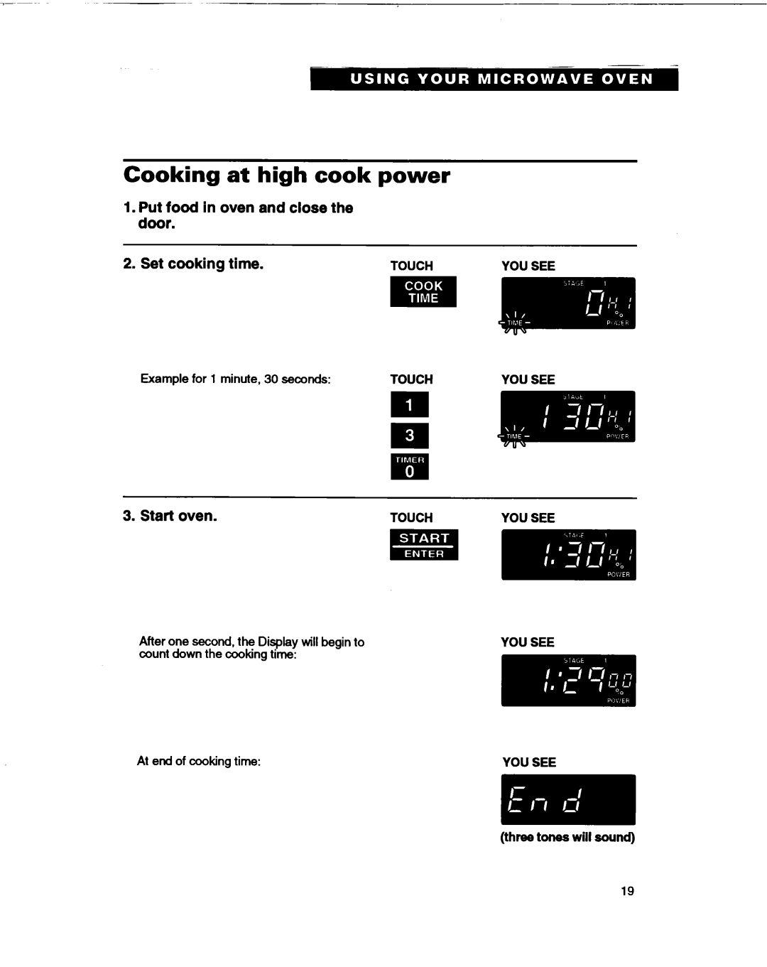 Whirlpool MT1061XB Cooking at high cook power, Put food in oven and close the door, Set cooking time, Start oven, Touch 