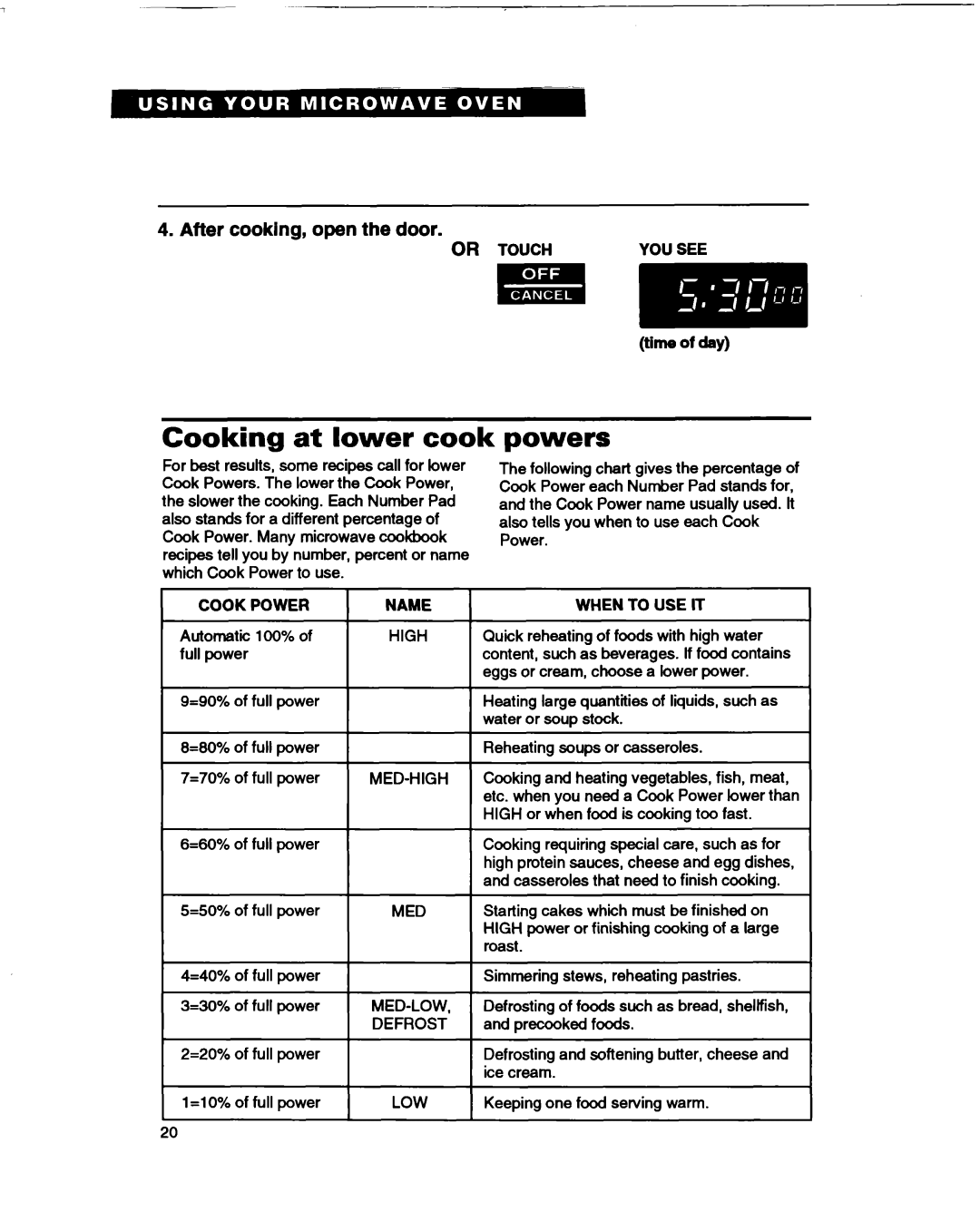 Whirlpool MT1061XB Cooking at lower cook, powers, After cooking, open the door, Cook Power, When To Use It, 1p.Ezj-T 