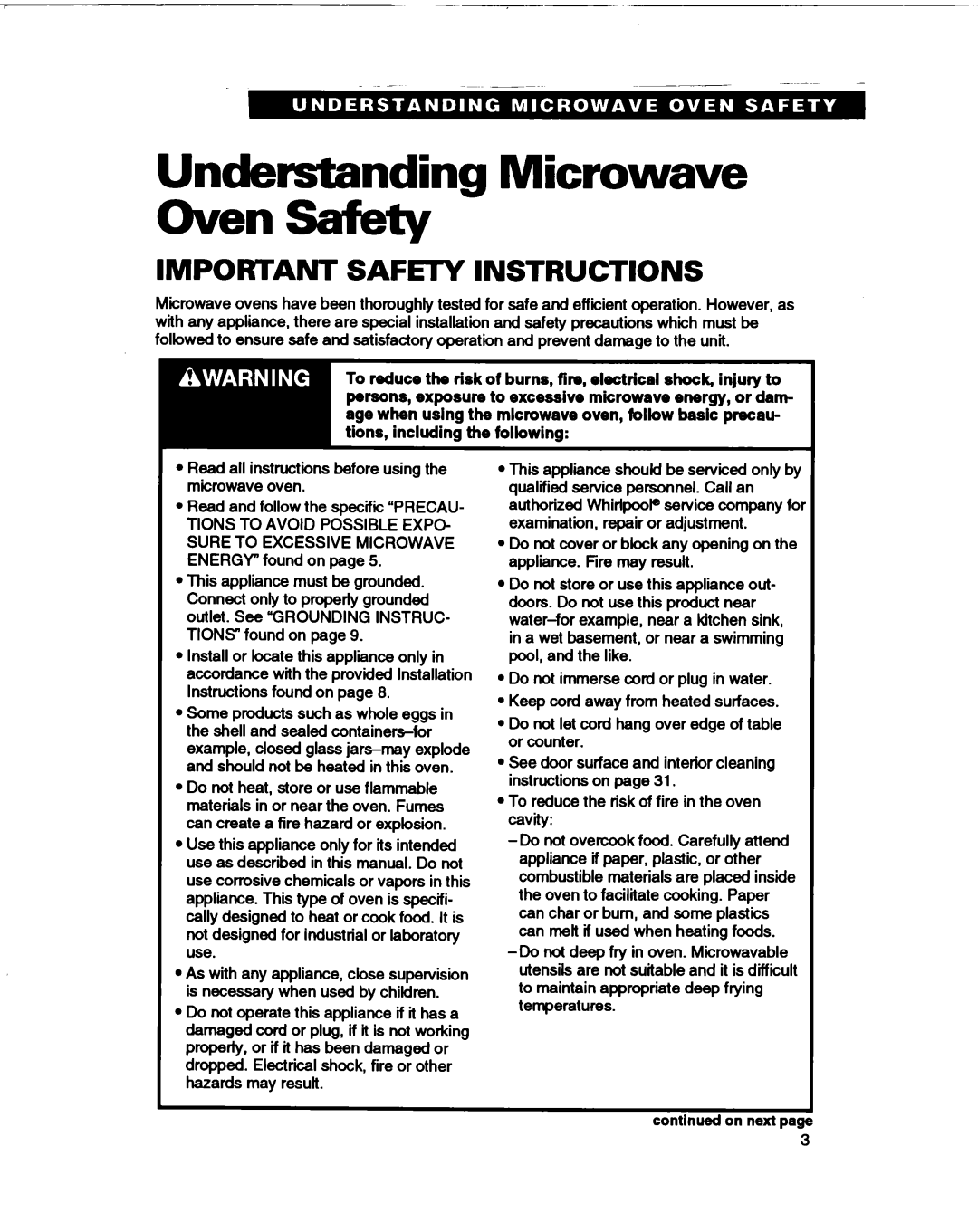 Whirlpool MT1061XB installation instructions Understanding Microwave Oven Safety, IMPORTANT SAFElY INSTRUCTIONS 