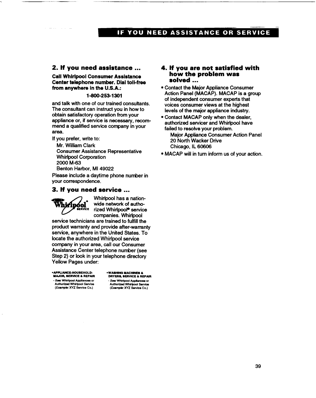 Whirlpool MT1061XB installation instructions tf you need assistance, If you need service 