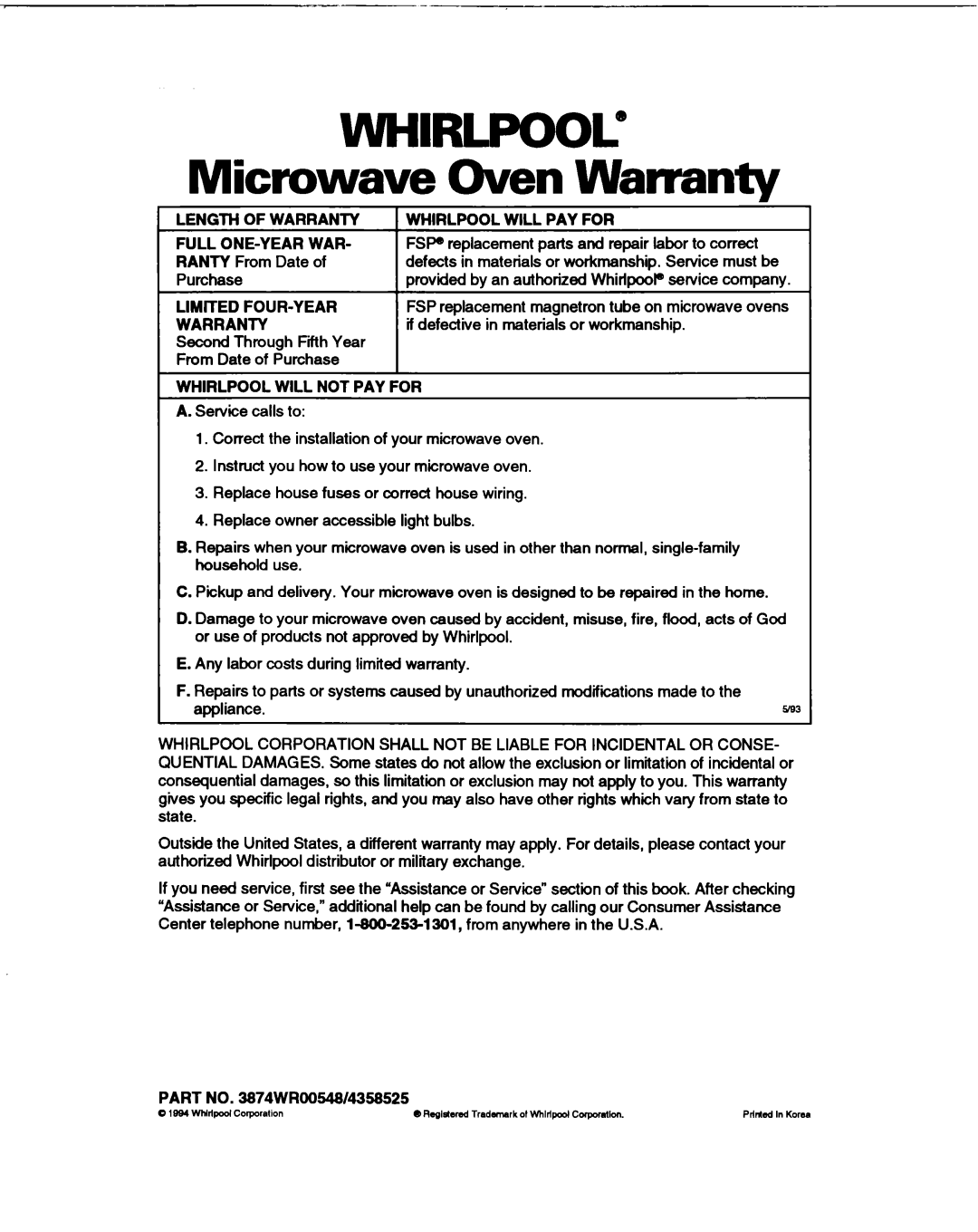 Whirlpool MT1061XB WHIRLPOOL” Microwave Oven Warranty, r LENGTH OF WARRANTY 1 WHIRLPOOL WILL PAY FOR, Full One-Yearwar 