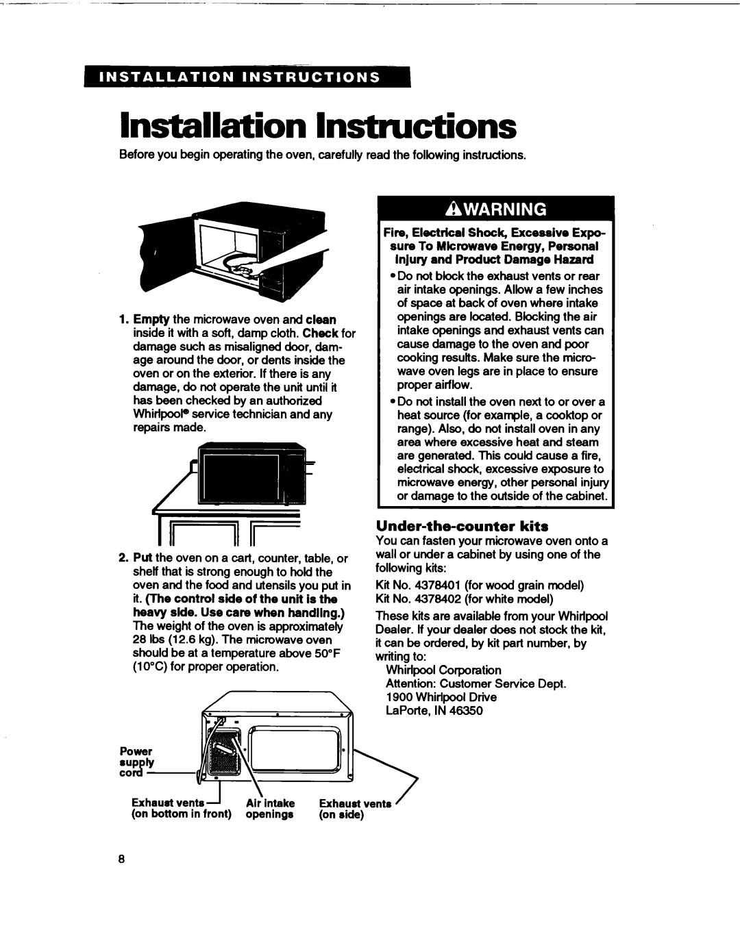 Whirlpool MT1061XB installation instructions Installation Instructions, Under-the-counterkits 