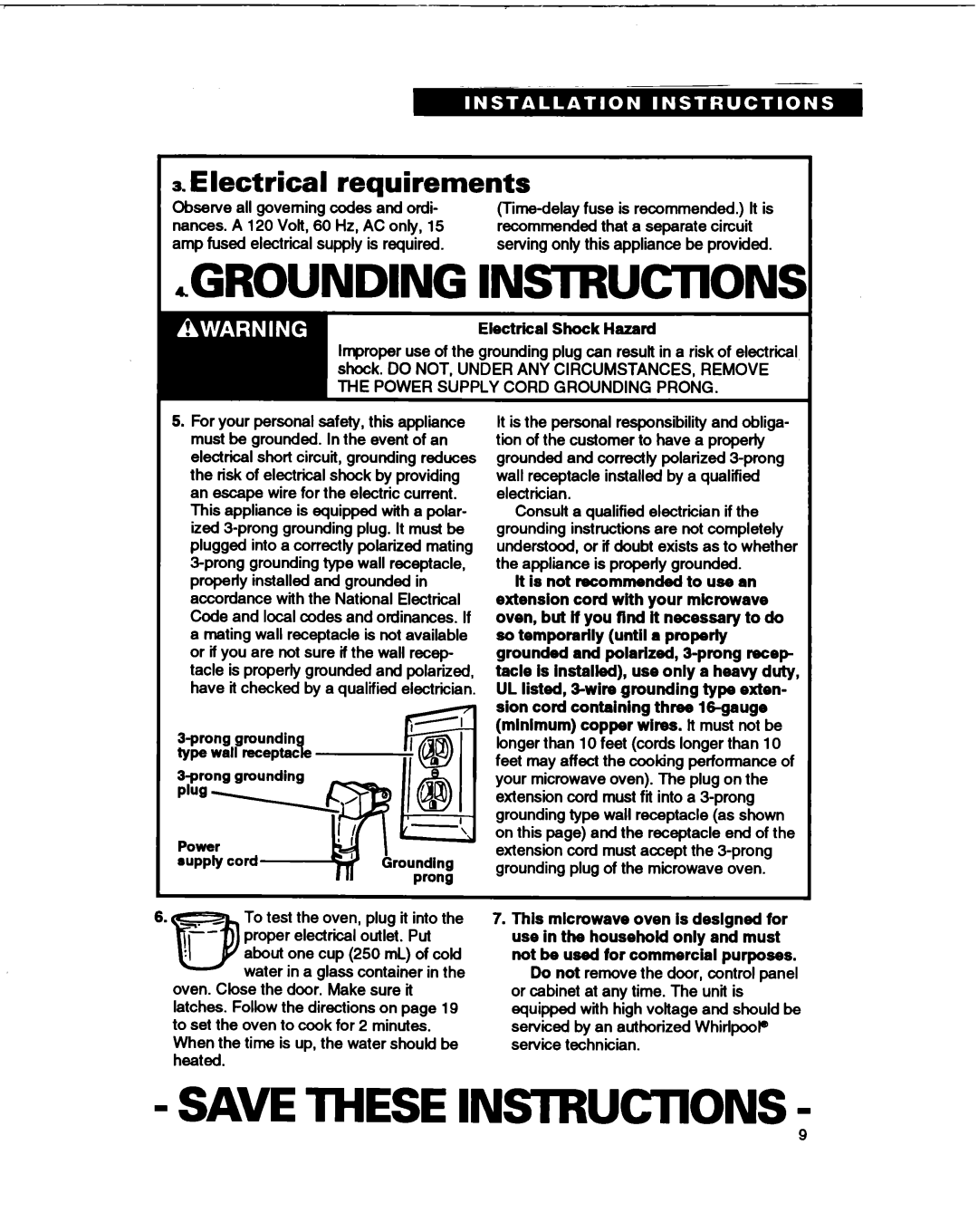Whirlpool MT1061XB GROUNDING INSTRlJCTlONS, Save These Instructions, Electrical requirements, Electrical Shock Hazard 