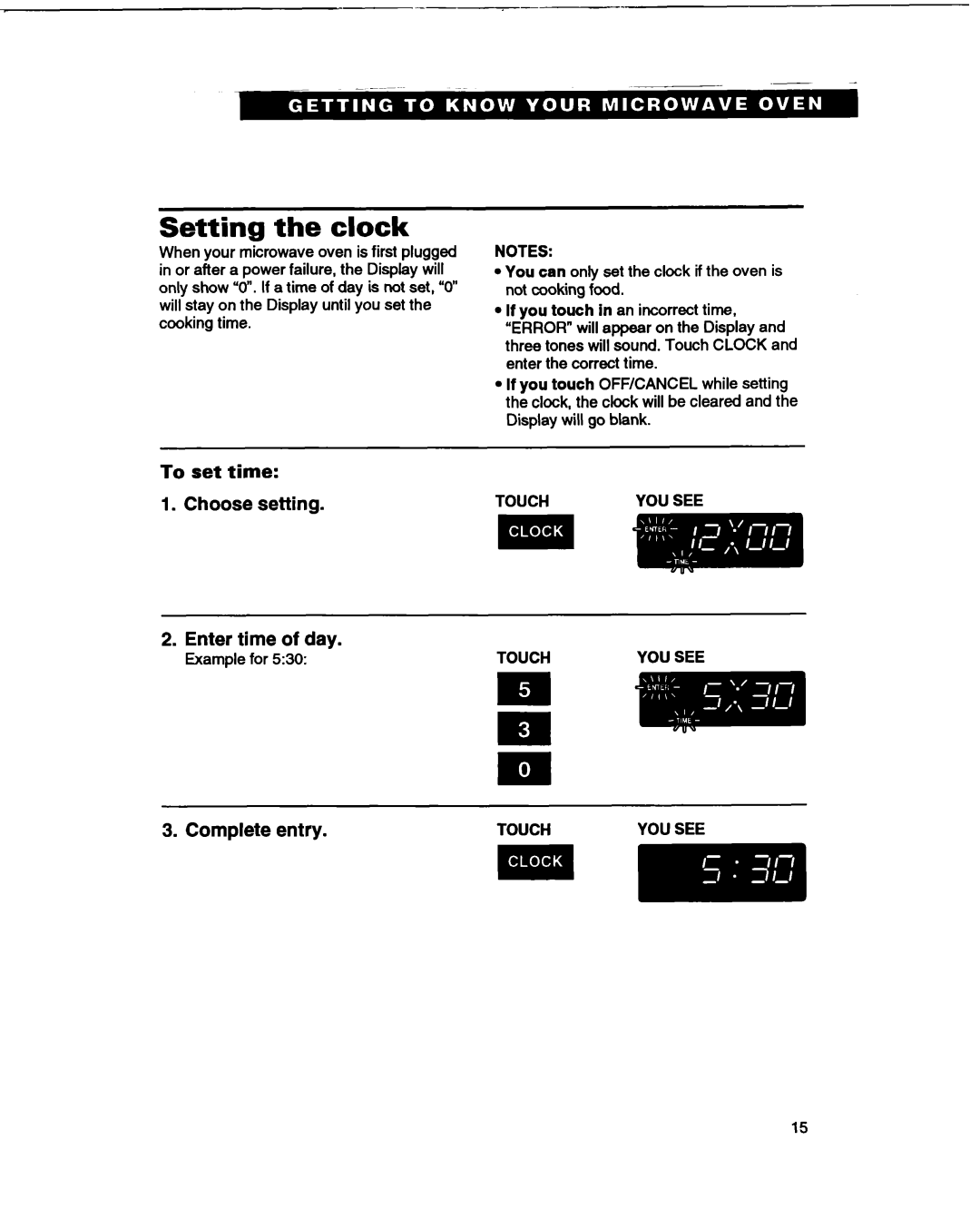 Whirlpool MT1066XB manual Setting the clock, To set time, Touch 