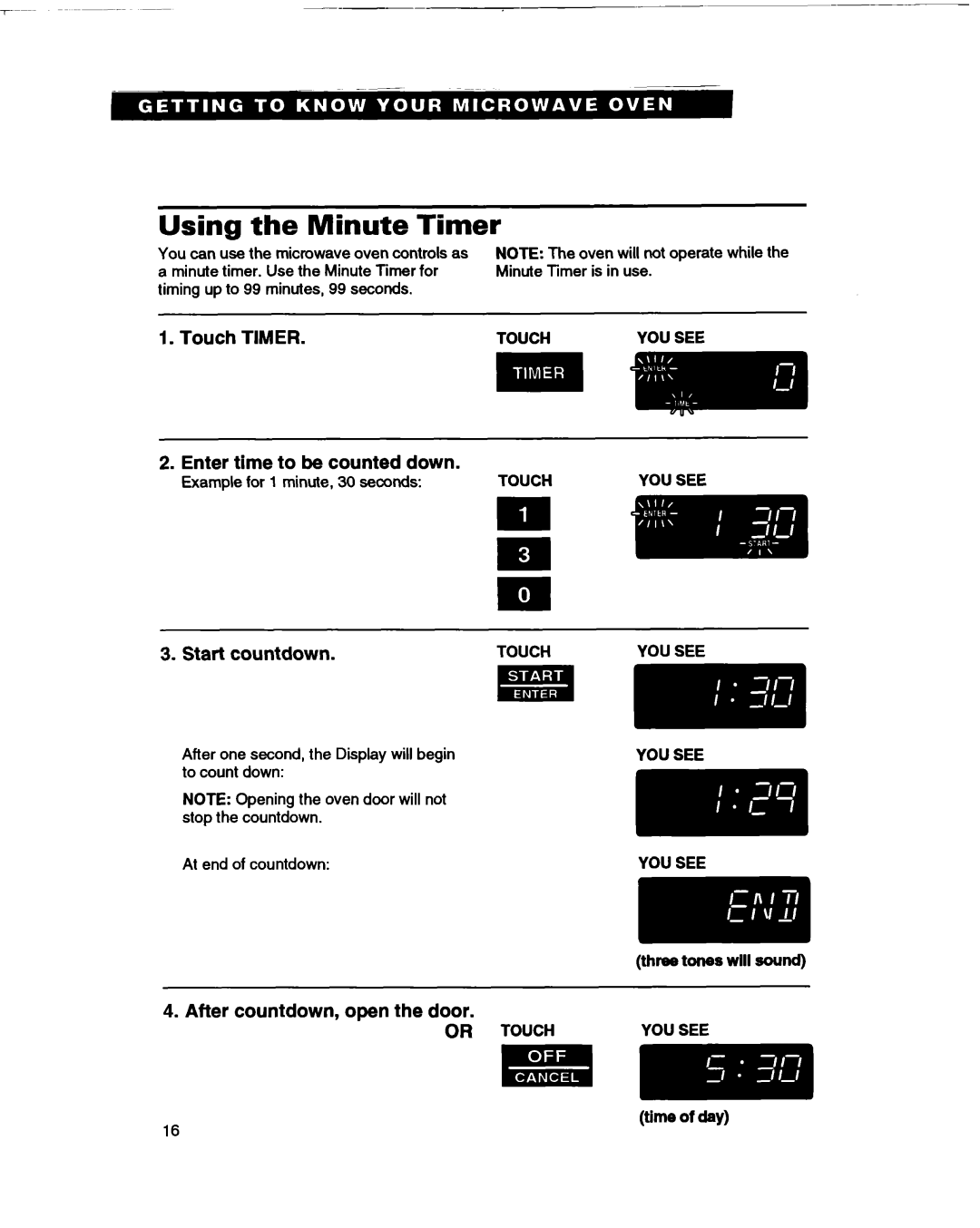 Whirlpool MT1066XB manual Using the Minute Timer, Or Touch, Time of day 