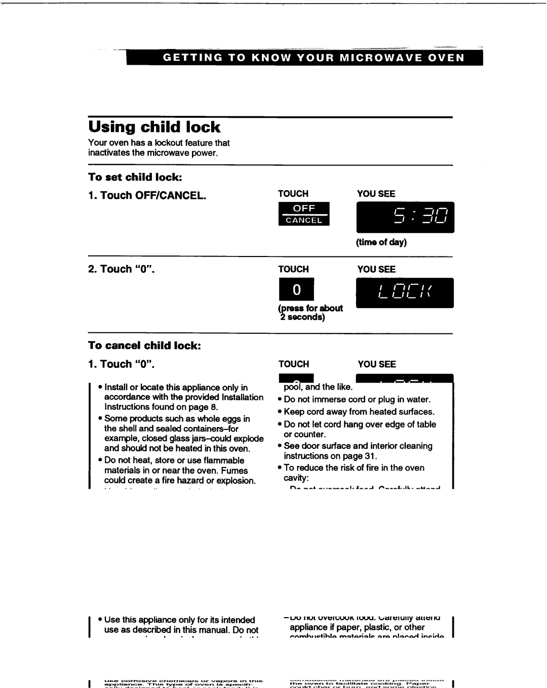 Whirlpool MT1066XB manual Using child lock, To set child lock, To cancel child lock, Knds, YOU see 