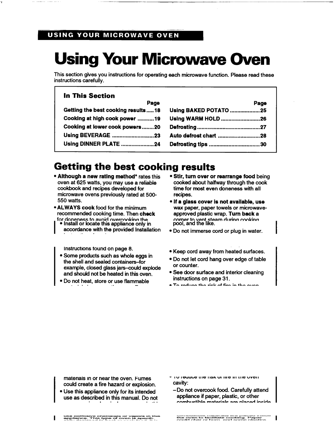 Whirlpool MT1066XB manual Using Your Microwave Oven, Getting the best cooking results, Using Baked Potato 