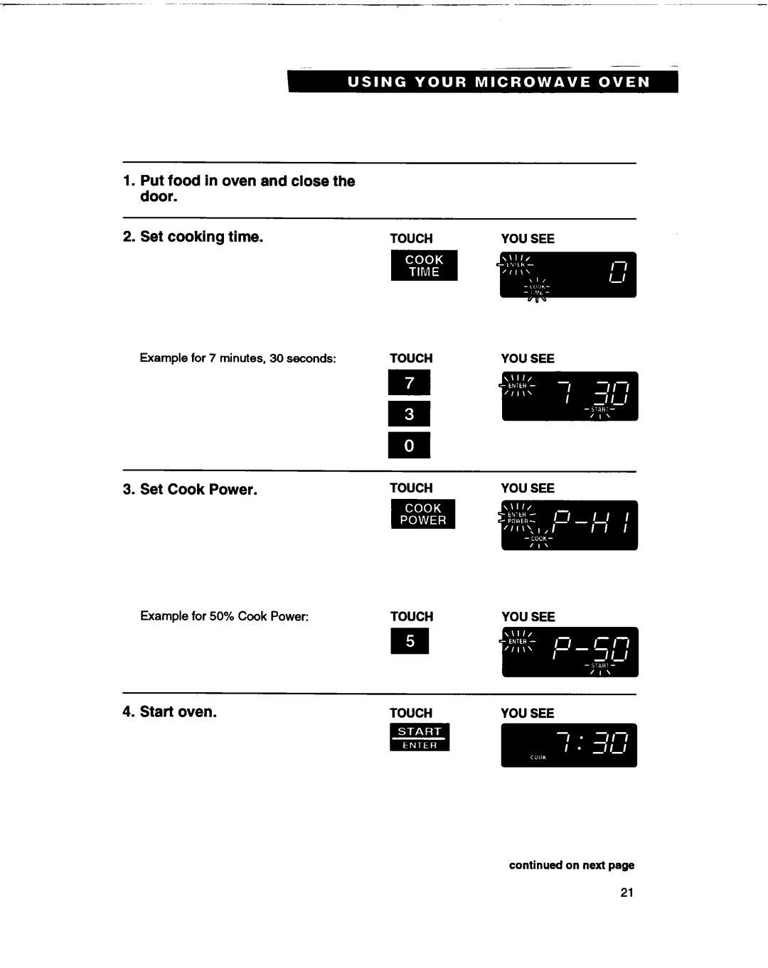 Whirlpool MT1066XB manual Set Cook Power 