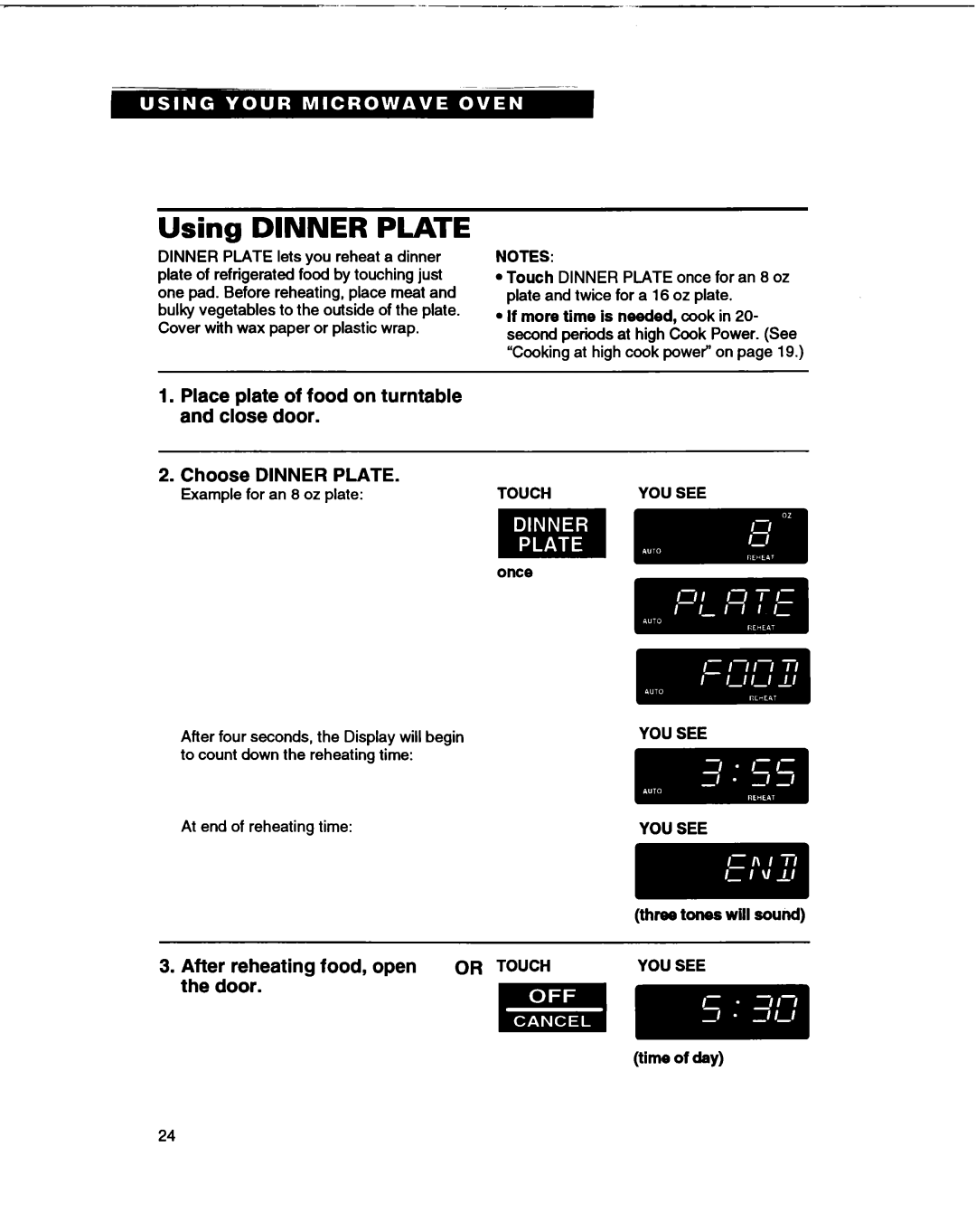 Whirlpool MT1066XB manual Using Dinner Plate, Three tones will sound 