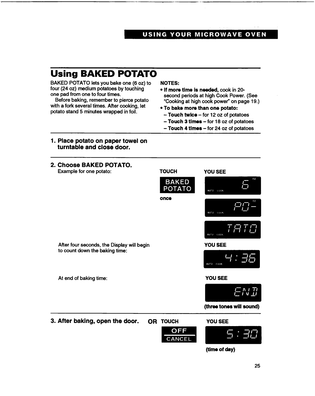 Whirlpool MT1066XB manual Using Baked Potato 