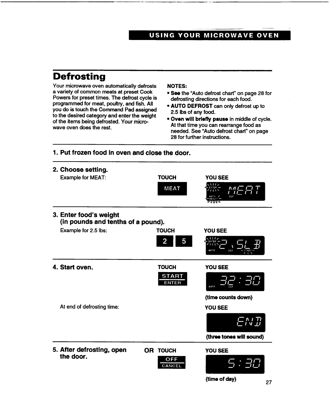 Whirlpool MT1066XB manual Defrosting, Time counts down, Three tones will sound Time of day 