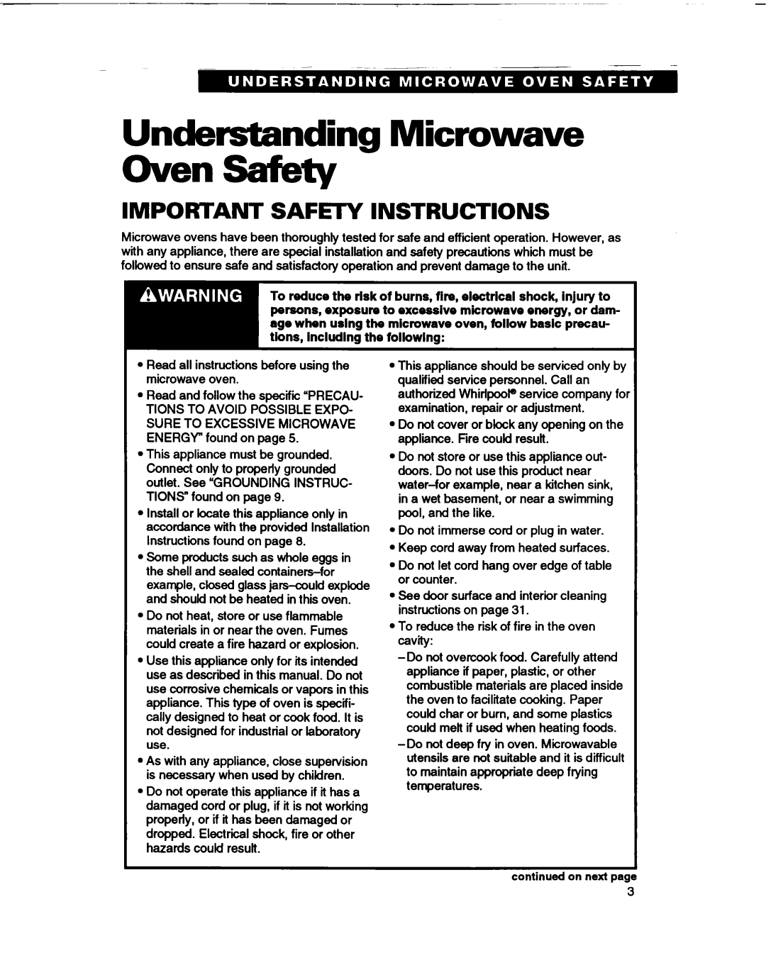 Whirlpool MT1066XB manual Understanding Microwave Oven Safety, Important SAFEl-Y Instructions 