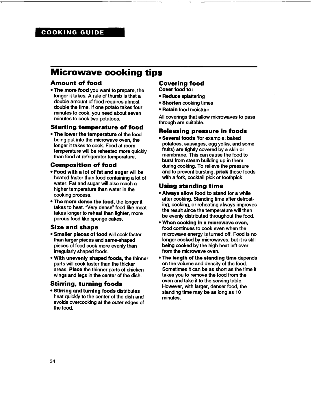 Whirlpool MT1066XB manual Microwave cooking tips 