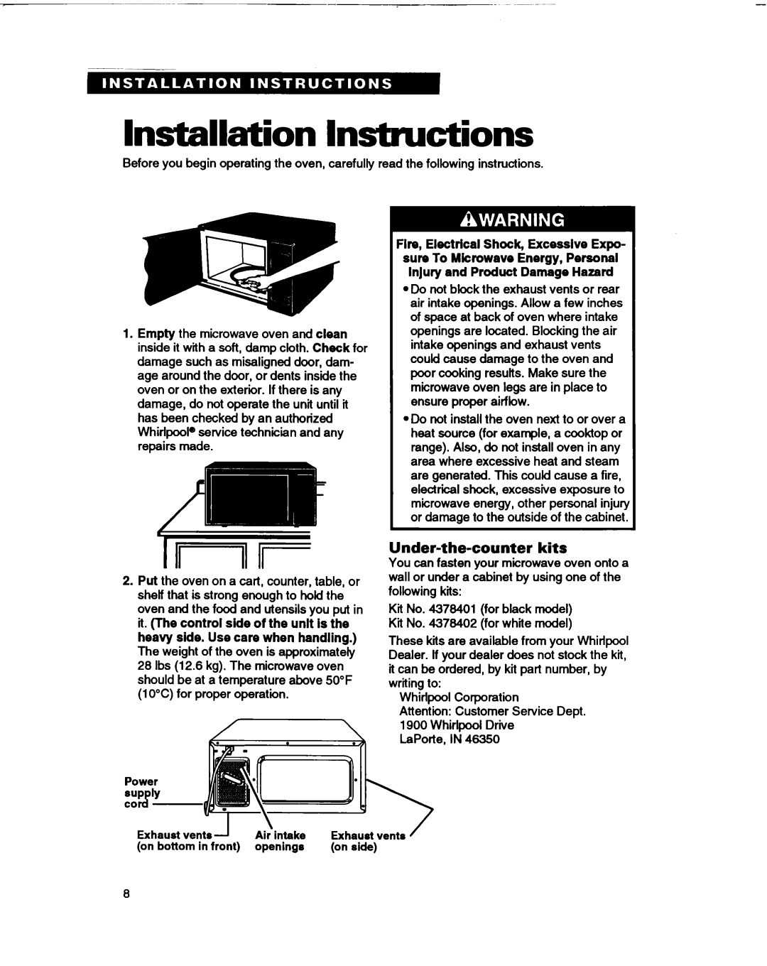 Whirlpool MT1066XB manual Installation lnsbuctions, Under-the-counter kits 