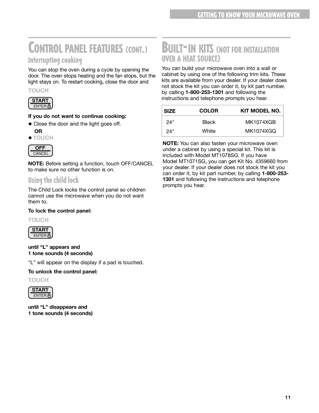 Whirlpool MT1071SG, MT1078SG installation instructions Interrupting cooking, Using the child lock 