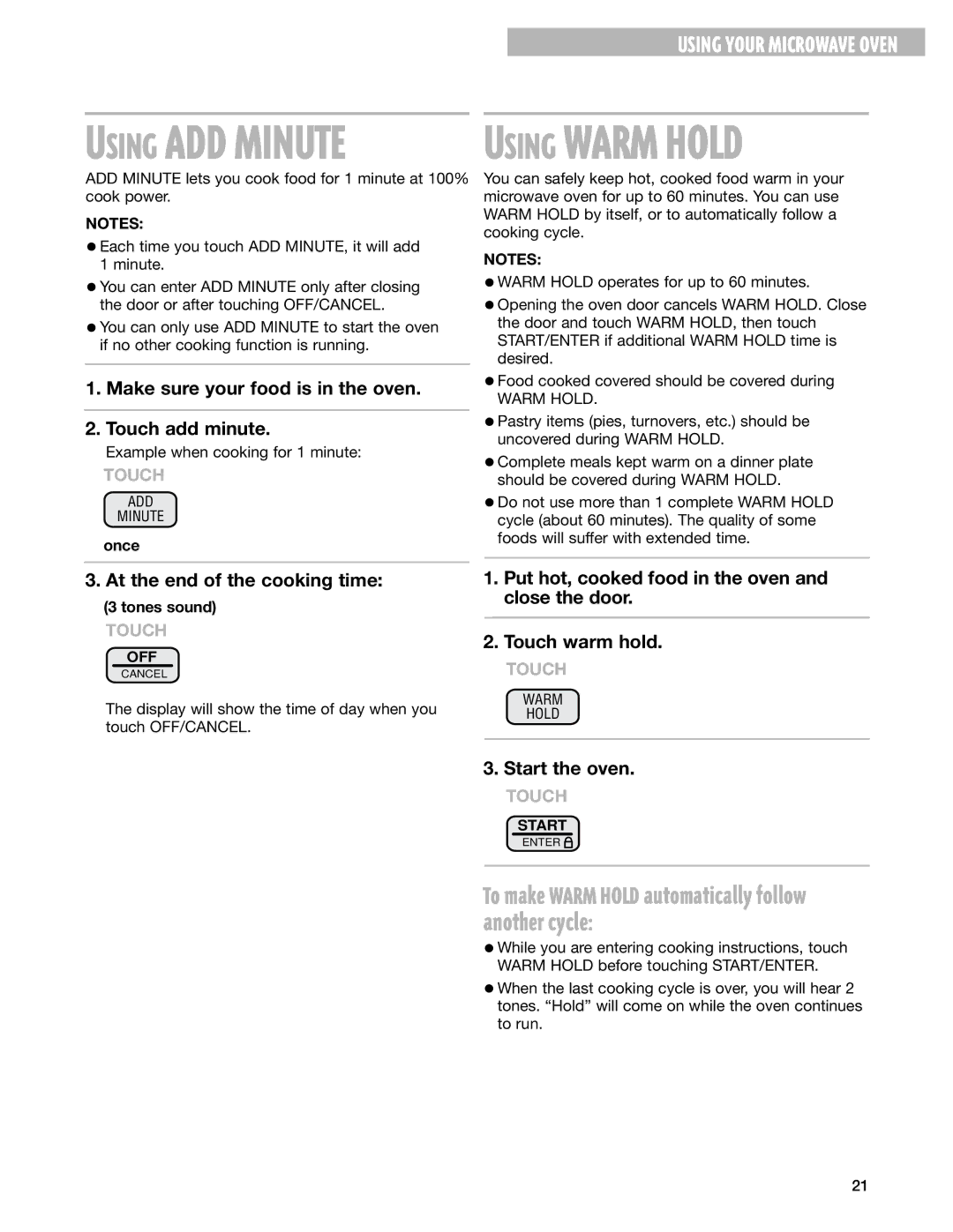 Whirlpool MT1071SG, MT1078SG installation instructions Using Warm Hold 