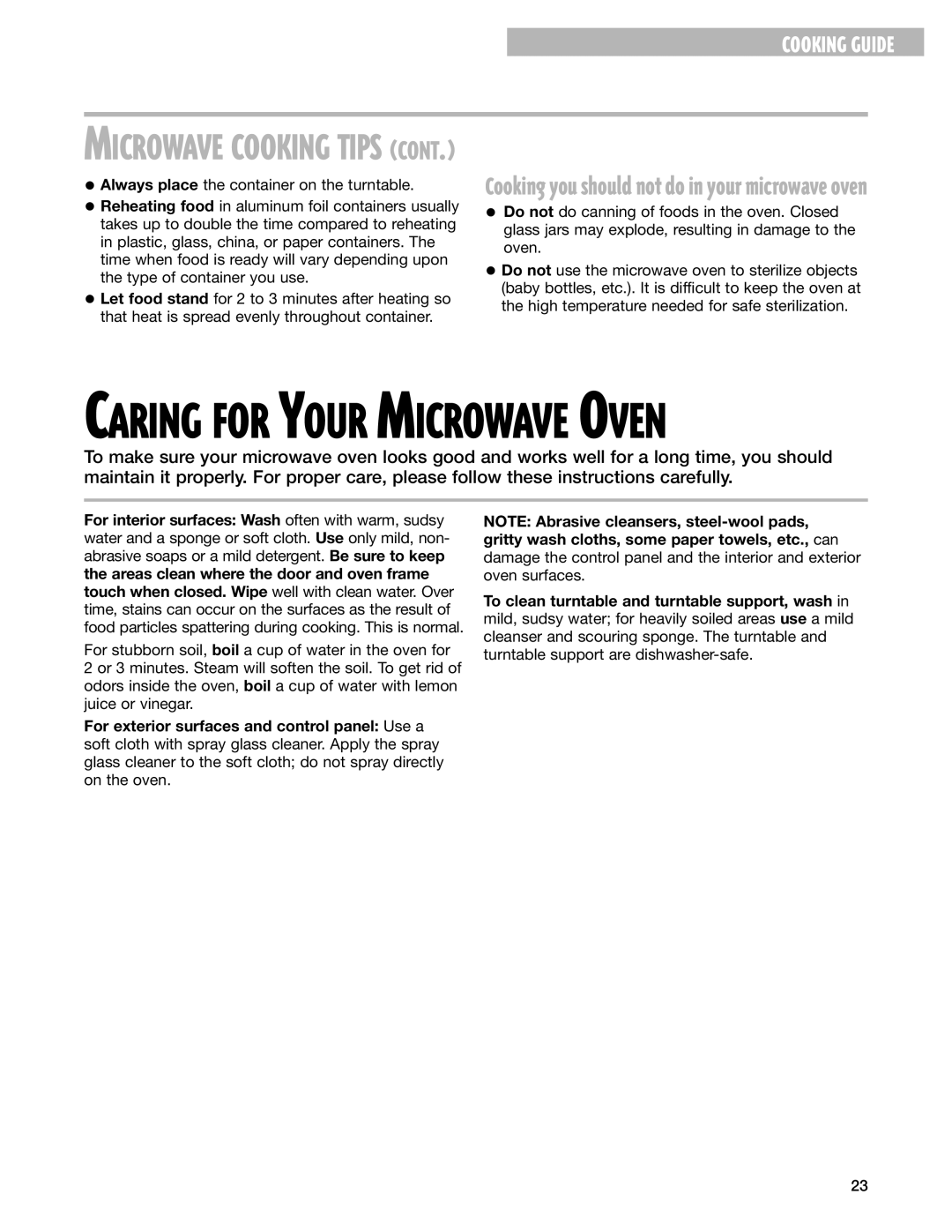 Whirlpool MT1071SG, MT1078SG installation instructions Caring for Your Microwave Oven 