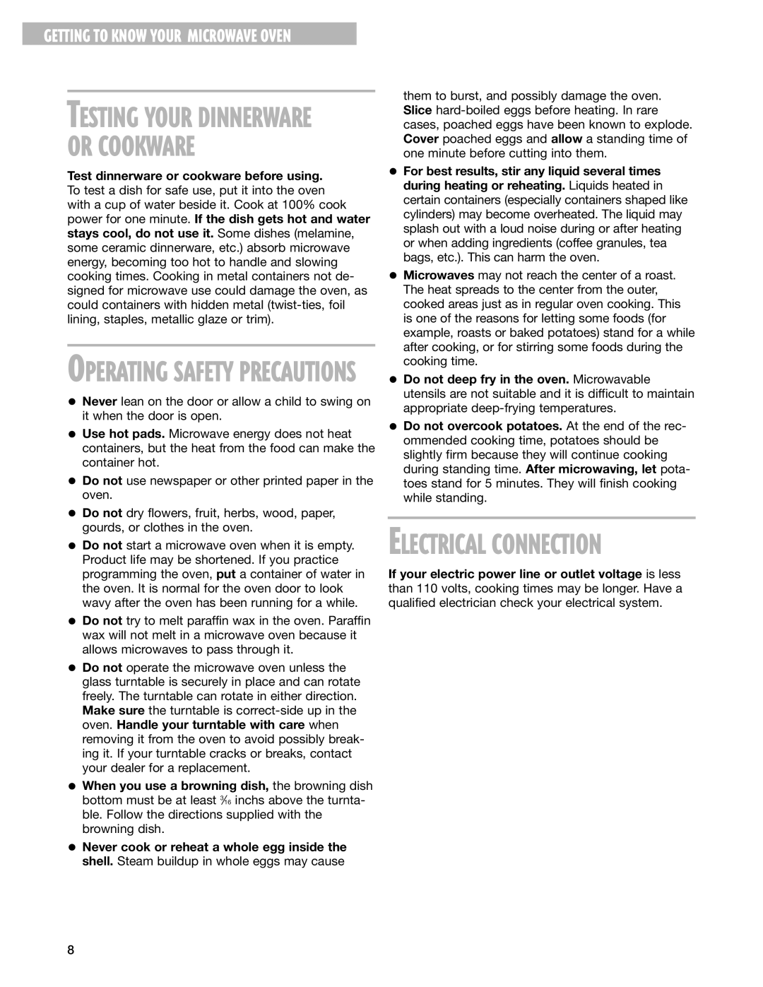 Whirlpool MT1078SG, MT1071SG installation instructions Or Cookware, Operating Safety Precautions 