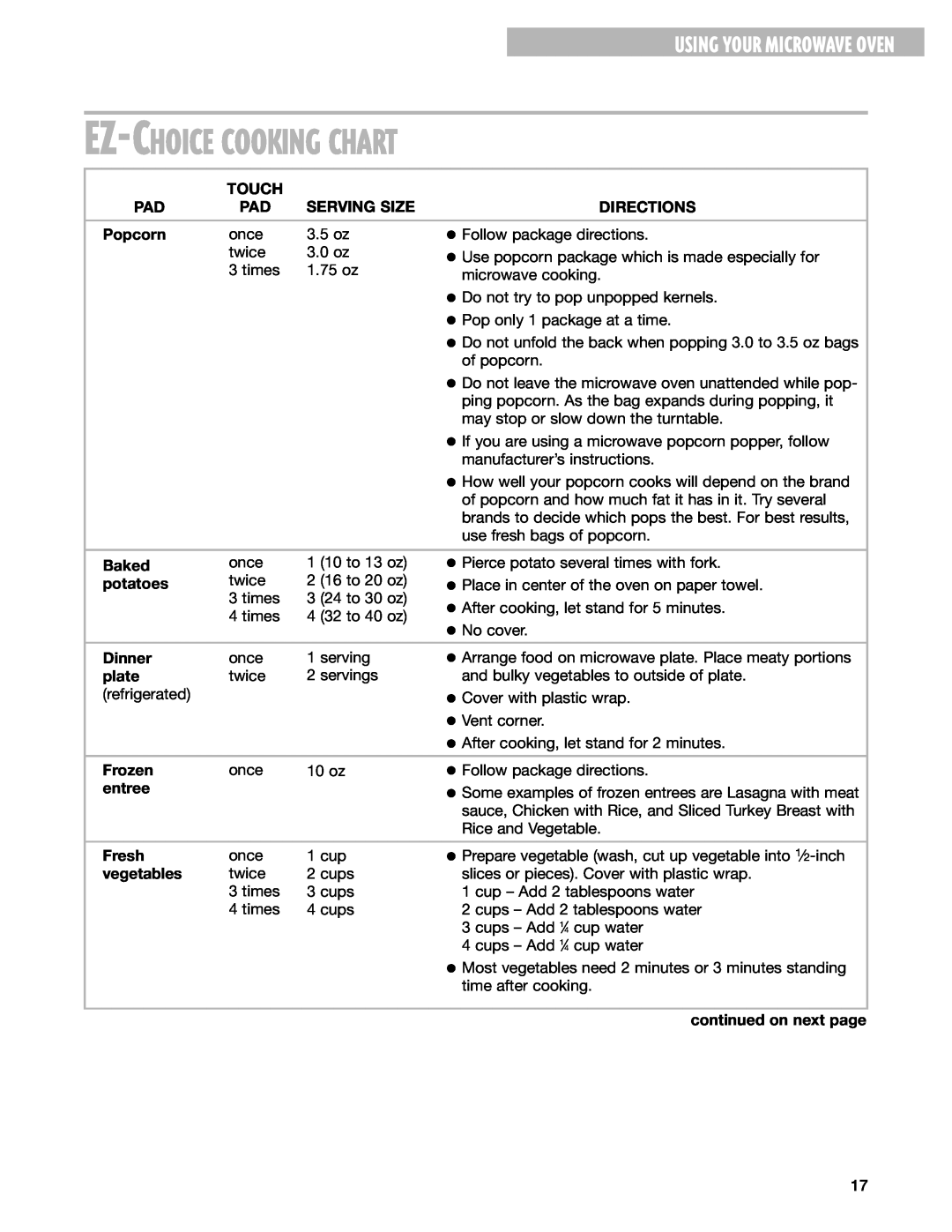 Whirlpool MT1071SG, MT1078SG installation instructions Ez-Choicecooking Chart, Using Your Microwave Oven 