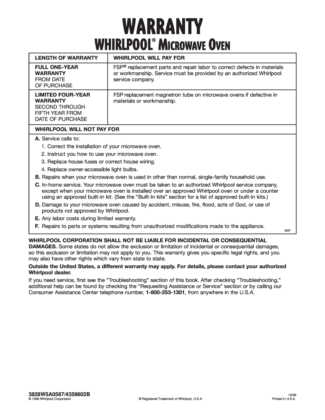 Whirlpool MT1071SG, MT1078SG installation instructions Warranty, Whirlpool Microwave Oven 