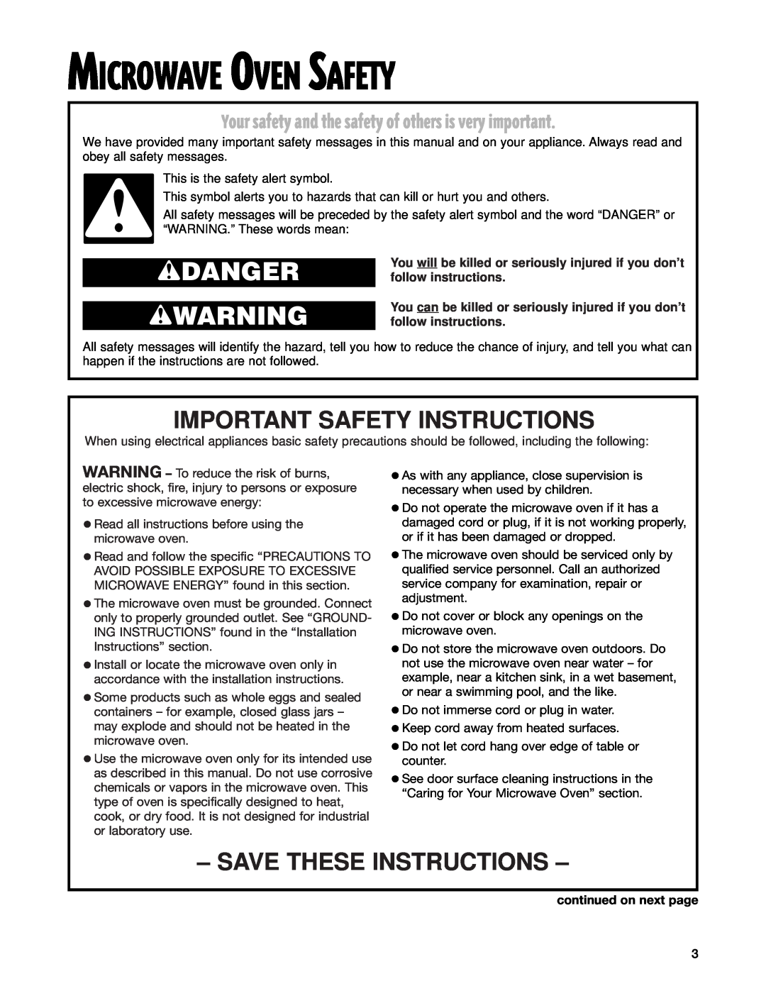 Whirlpool MT1071SG Microwave Oven Safety, Important Safety Instructions, Save These Instructions, wDANGER wWARNING 