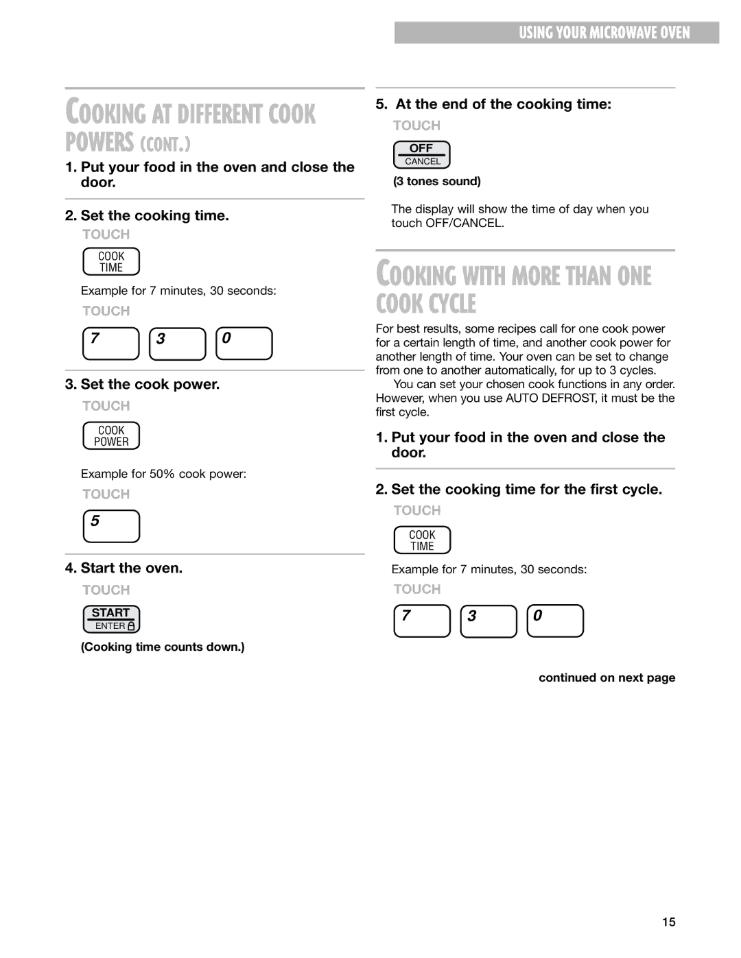 Whirlpool MT1100SH installation instructions Cooking AT Different Cook Powers, Cooking time counts down 