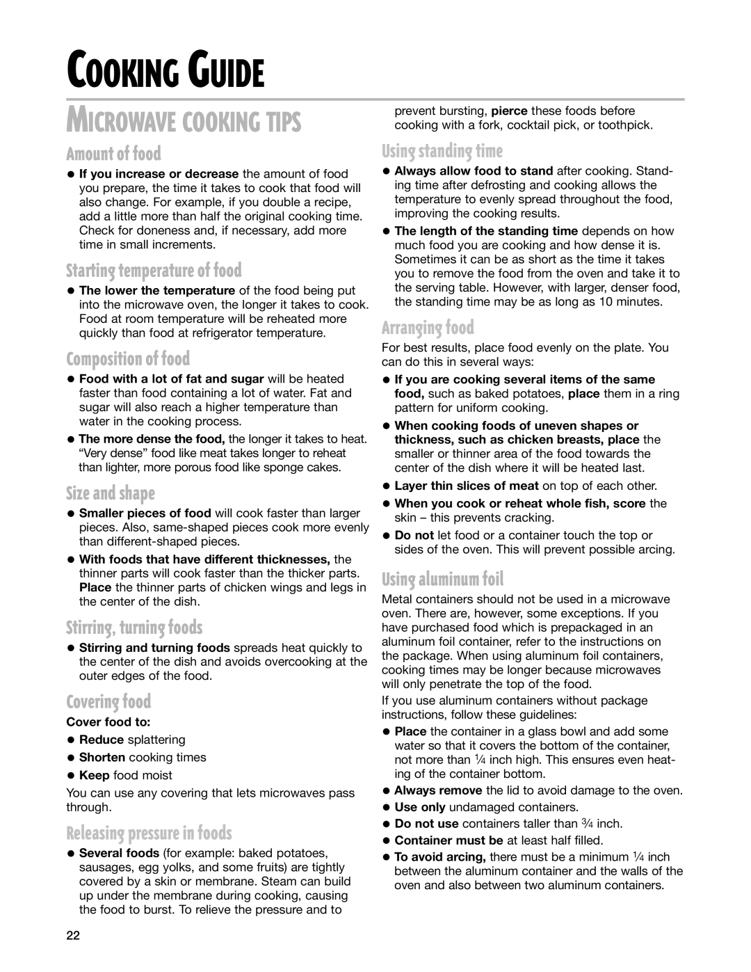Whirlpool MT1100SH Releasing pressure in foods, Using standing time, Arranging food, Cover food to 
