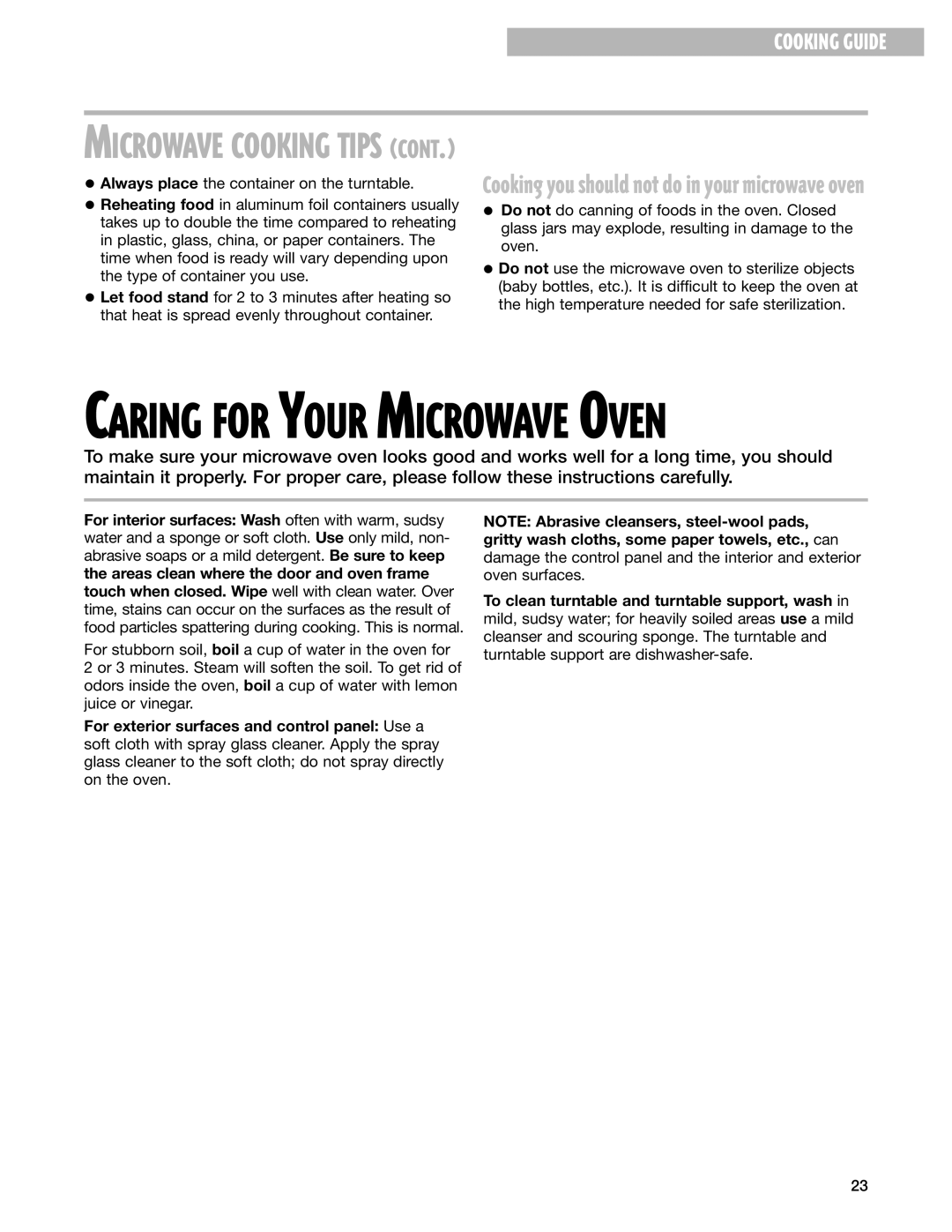 Whirlpool MT1100SH installation instructions Caring for Your Microwave Oven 