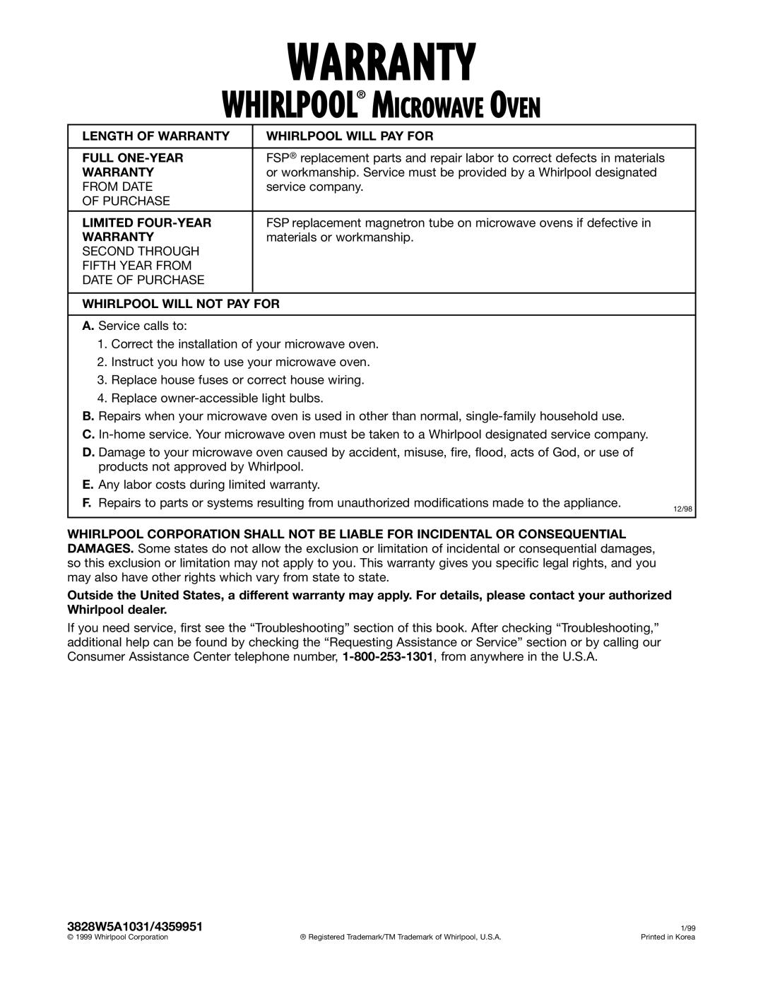 Whirlpool MT1100SH installation instructions Warranty 