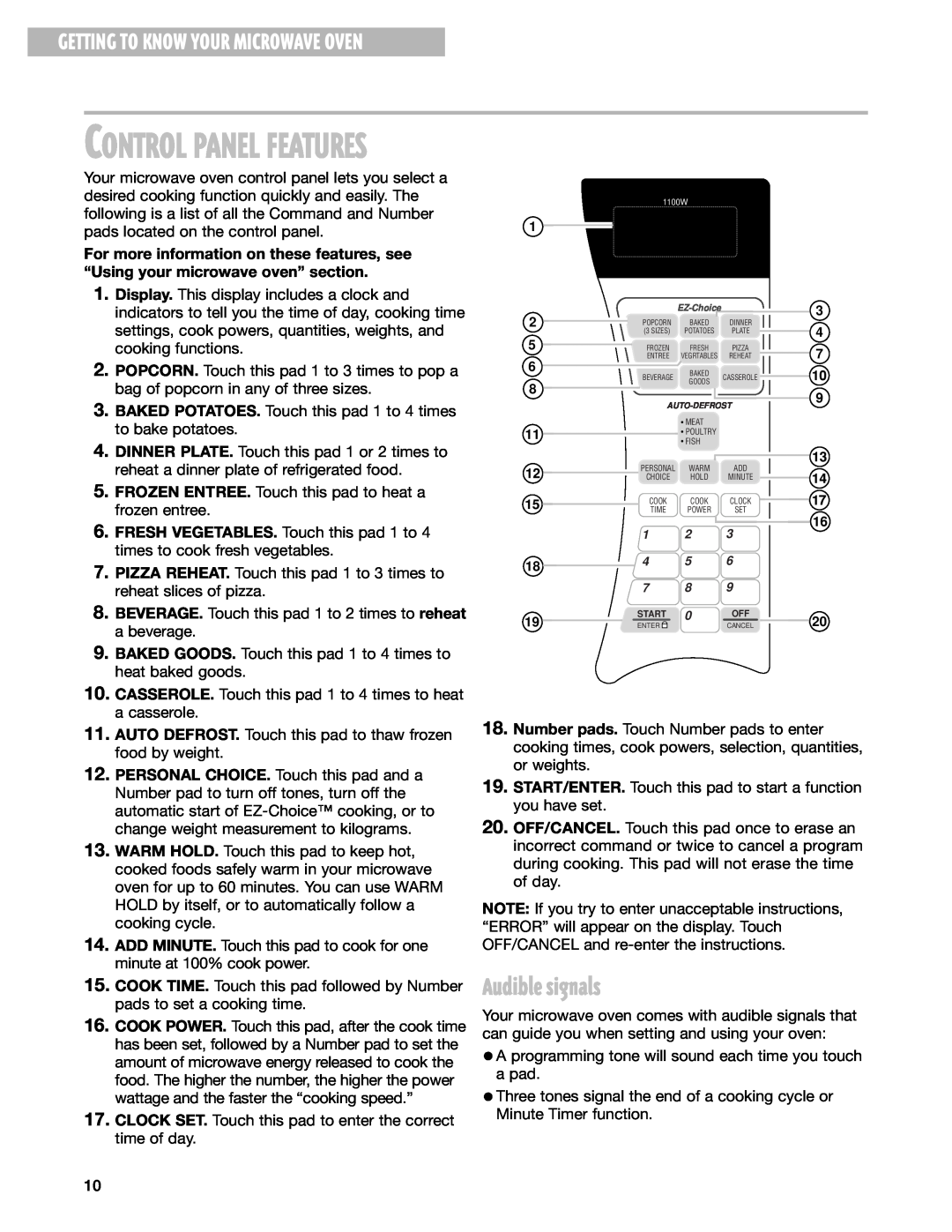 Whirlpool MT1100SH installation instructions Audible signals, Control Panel Features, Getting To Know Your Microwave Oven 