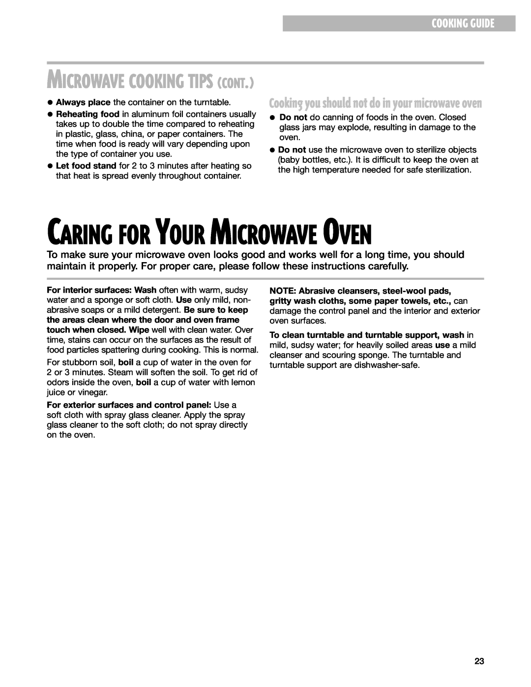 Whirlpool MT1100SH installation instructions Caring For Your Microwave Oven, Microwave Cooking Tips Cont, Cooking Guide 