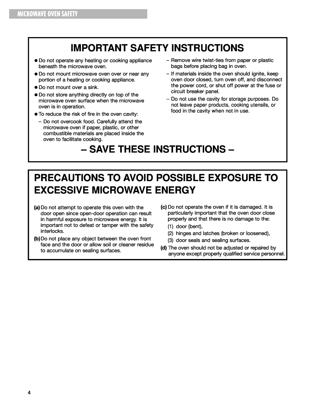 Whirlpool MT1100SH Precautions To Avoid Possible Exposure To Excessive Microwave Energy, Microwave Oven Safety 