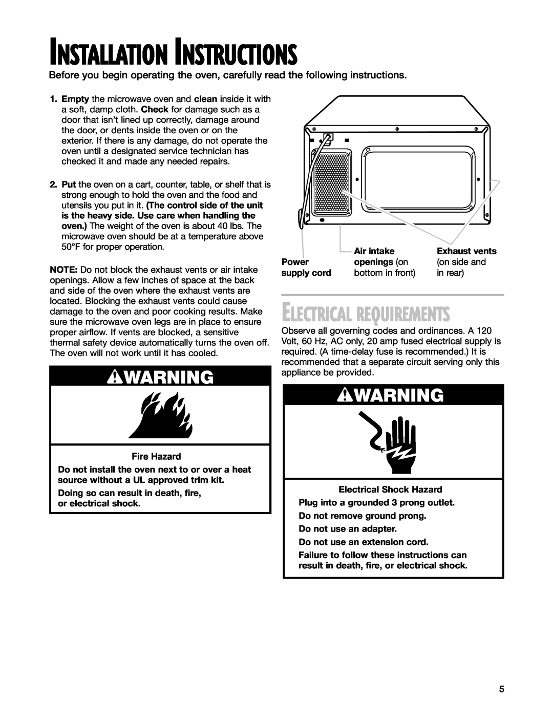 Whirlpool MT1100SH installation instructions Installation Instructions, wWARNING, Electrical Requirements 