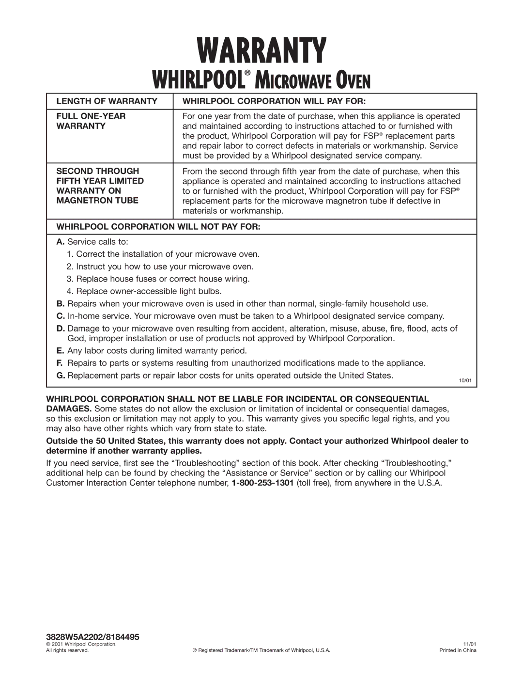 Whirlpool MT1110SK installation instructions Second Through, Fifth Year Limited, Warranty on, Magnetron Tube 