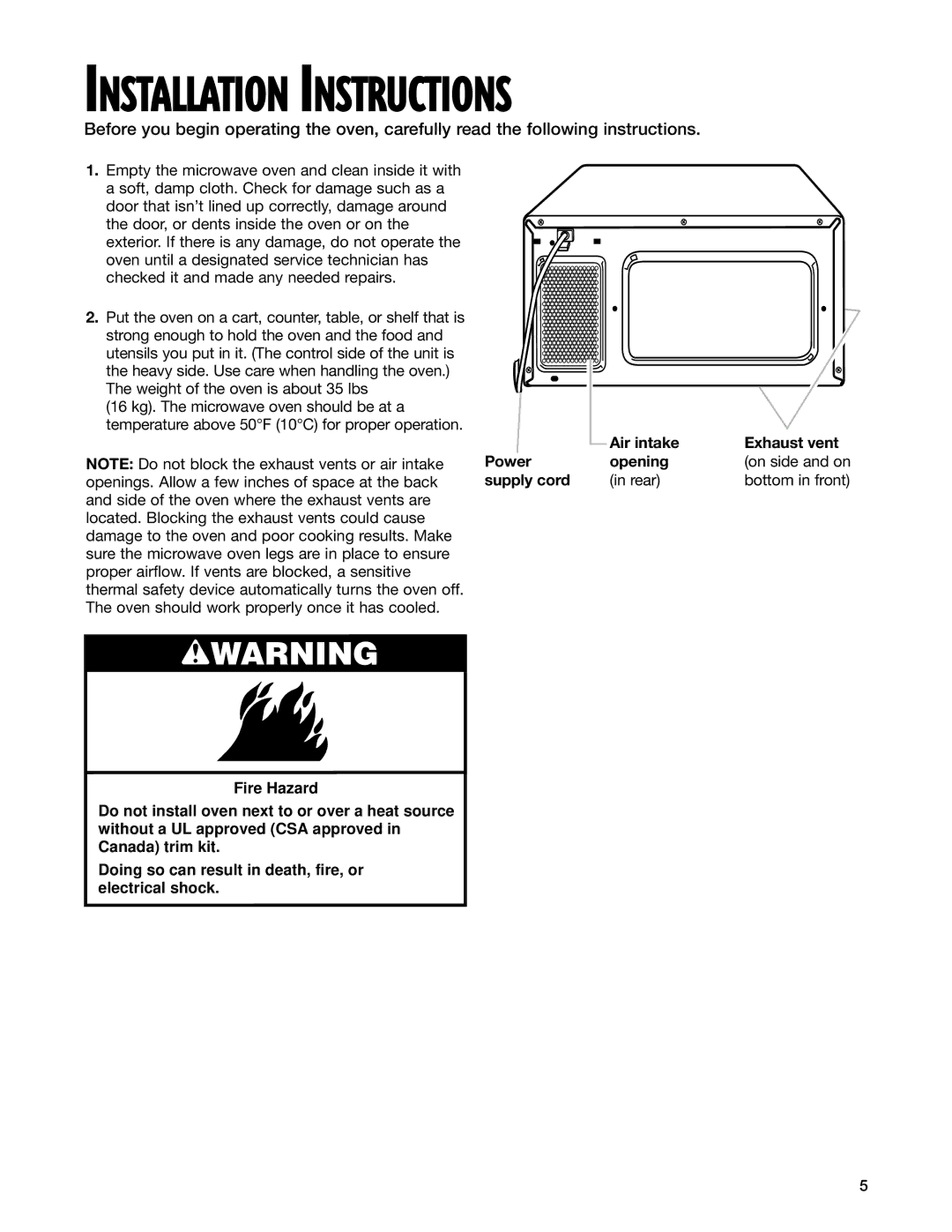 Whirlpool MT1110SK installation instructions Installation Instructions 