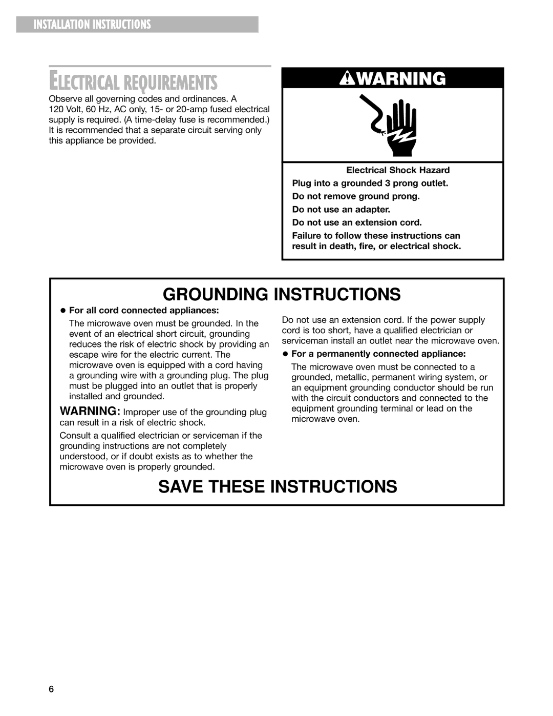 Whirlpool MT1110SK installation instructions Installation Instructions, For all cord connected appliances 