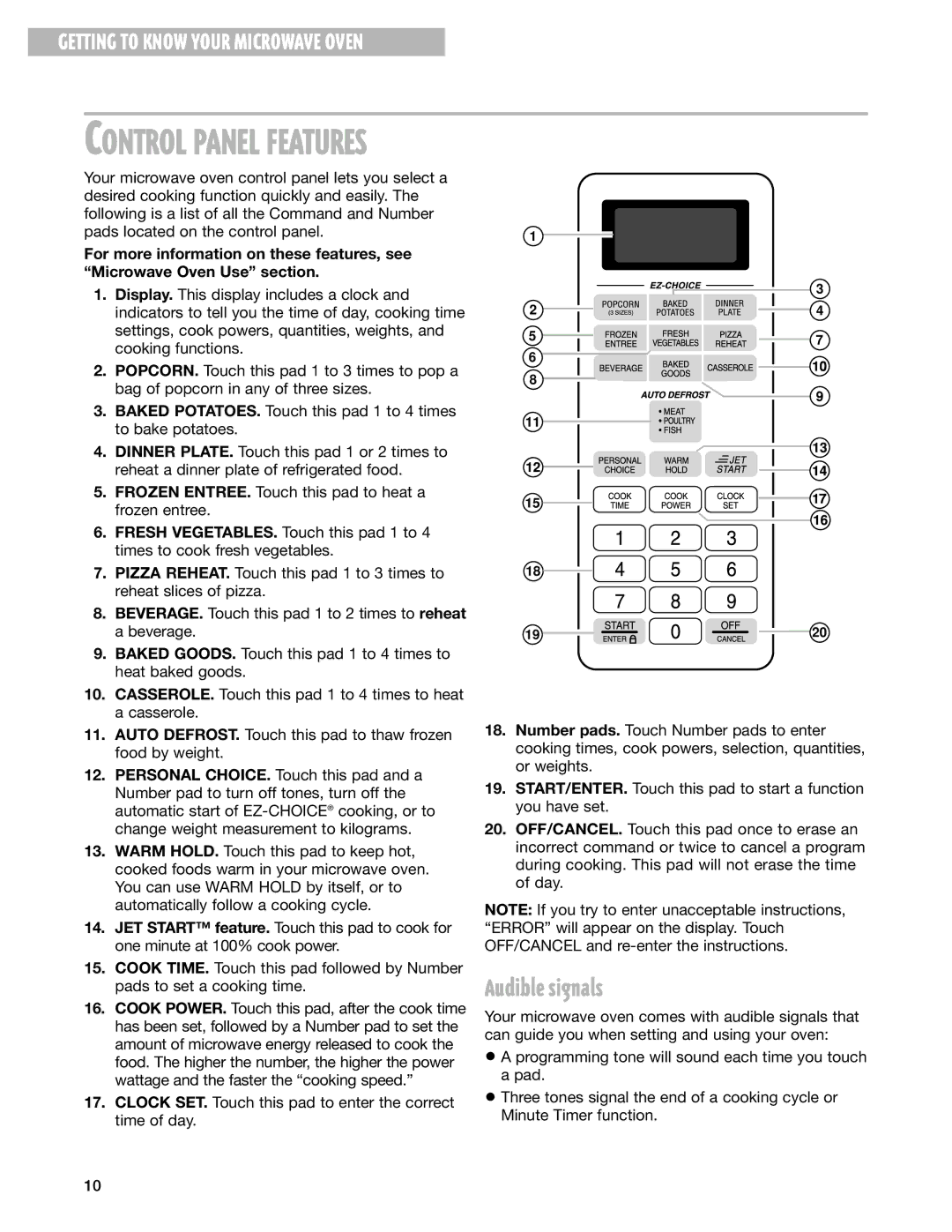 Whirlpool MT1111SK installation instructions Audible signals, Control Panel Features 