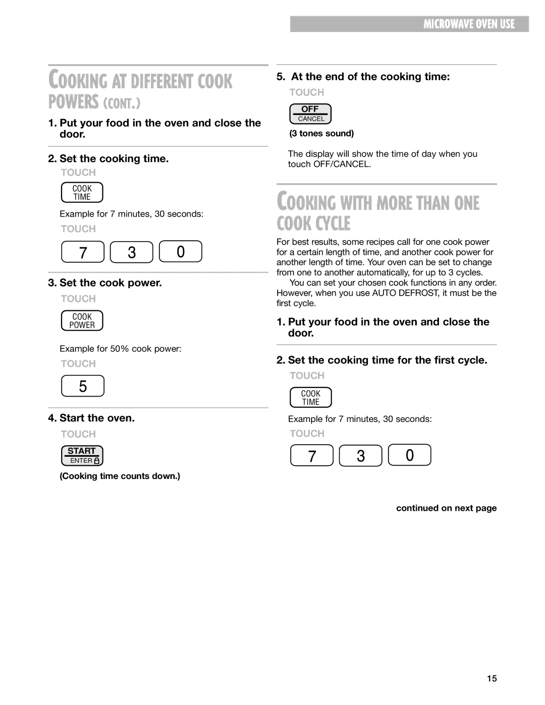 Whirlpool MT1111SK installation instructions Cooking AT Different Cook Powers, Cooking time counts down 