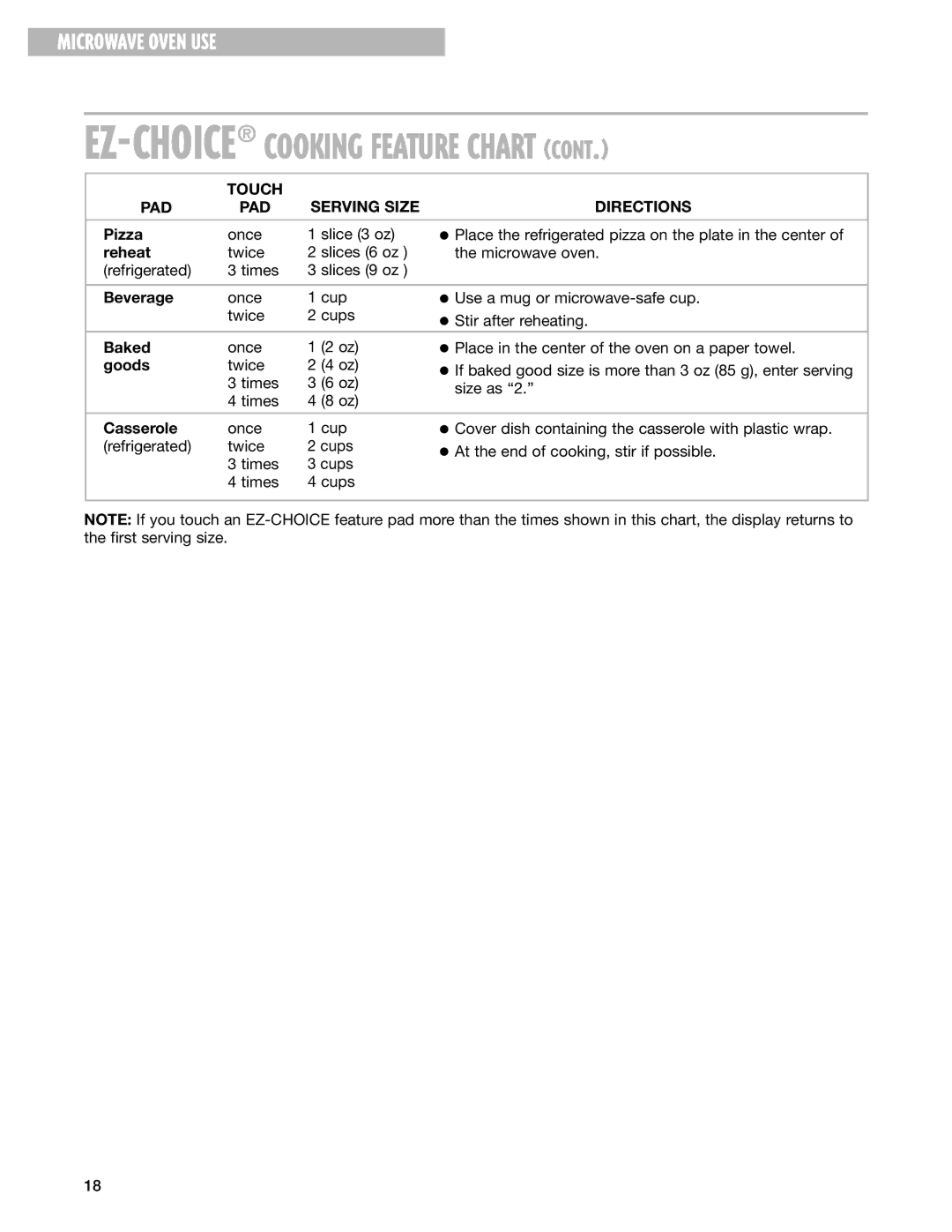 Whirlpool MT1111SK installation instructions Touch Serving Size Directions PAD 