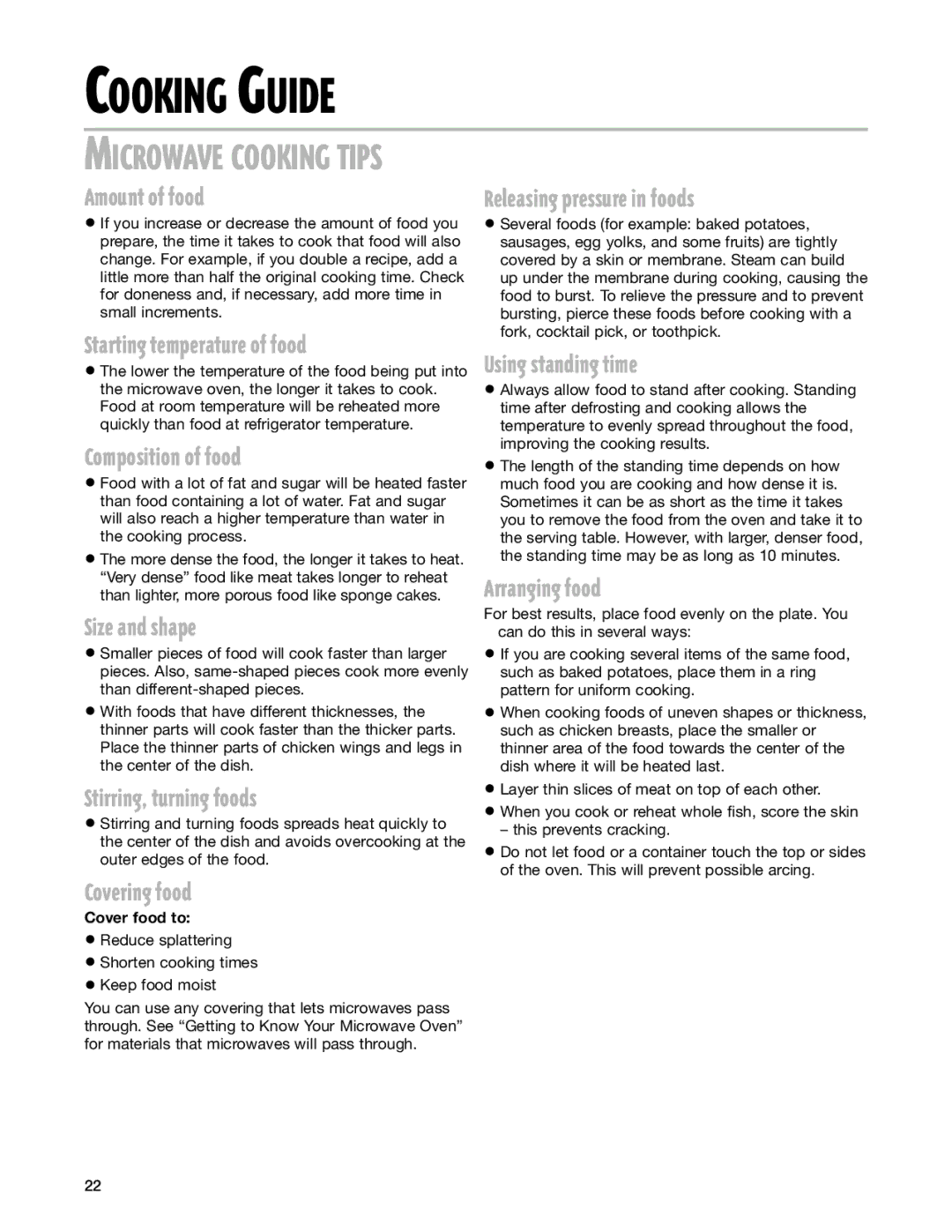 Whirlpool MT1111SK Cooking Guide, Releasing pressure in foods, Using standing time, Arranging food, Cover food to 