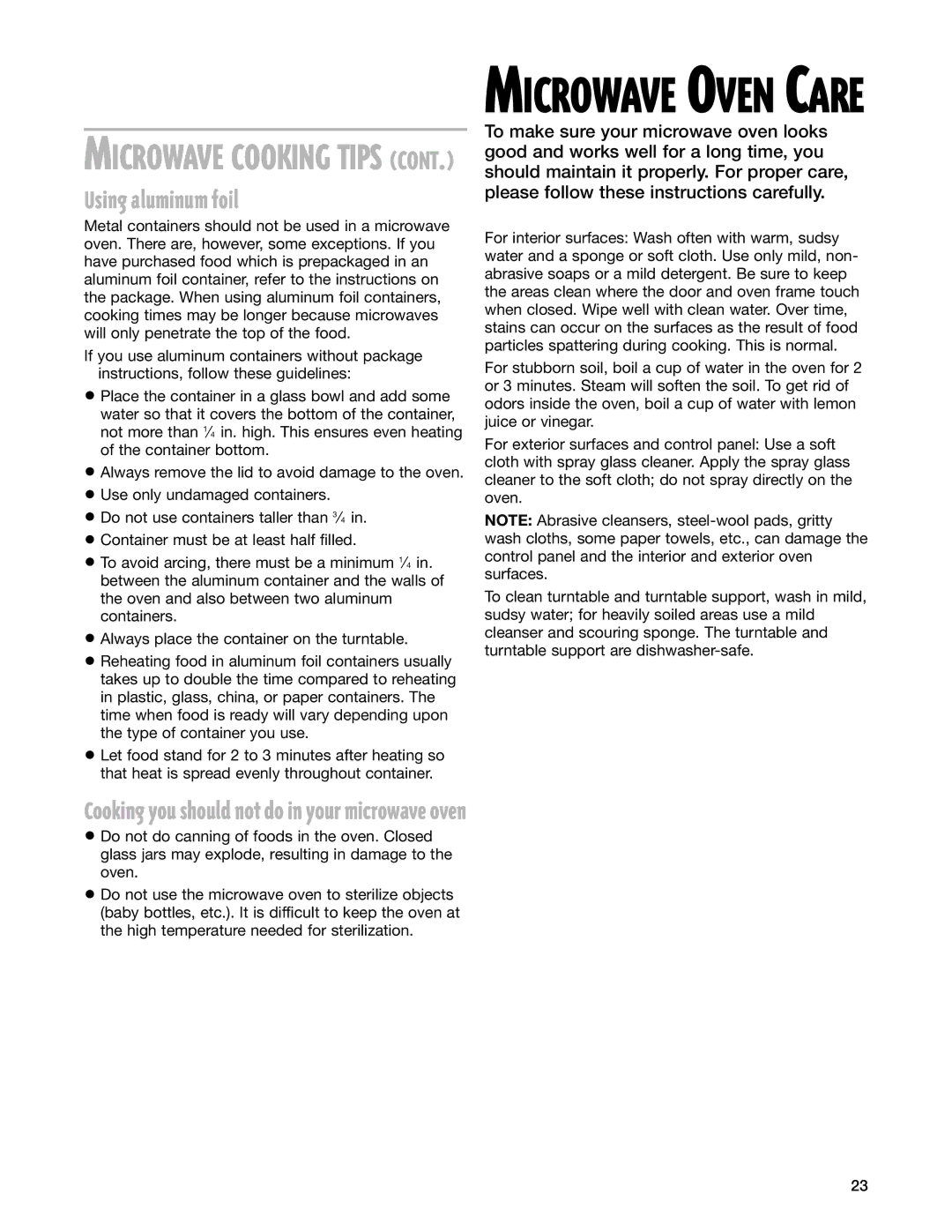 Whirlpool MT1111SK installation instructions Using aluminum foil, Cooking you should not do in your microwave oven 