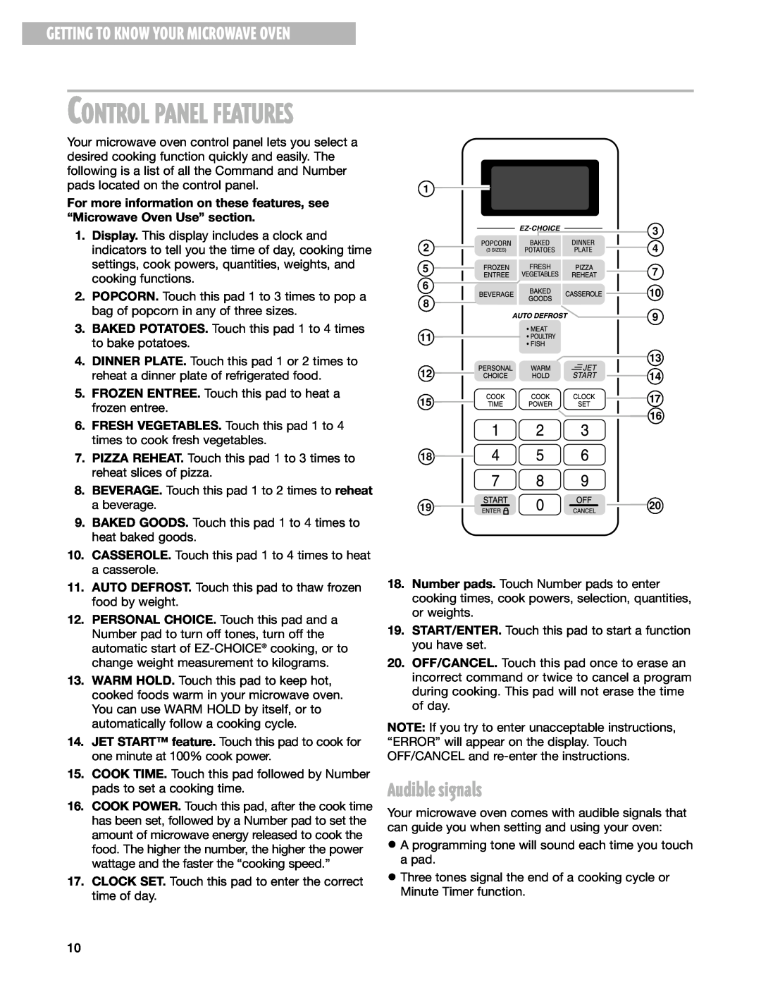 Whirlpool MT1111SK installation instructions Audible signals, Control Panel Features, Getting To Know Your Microwave Oven 