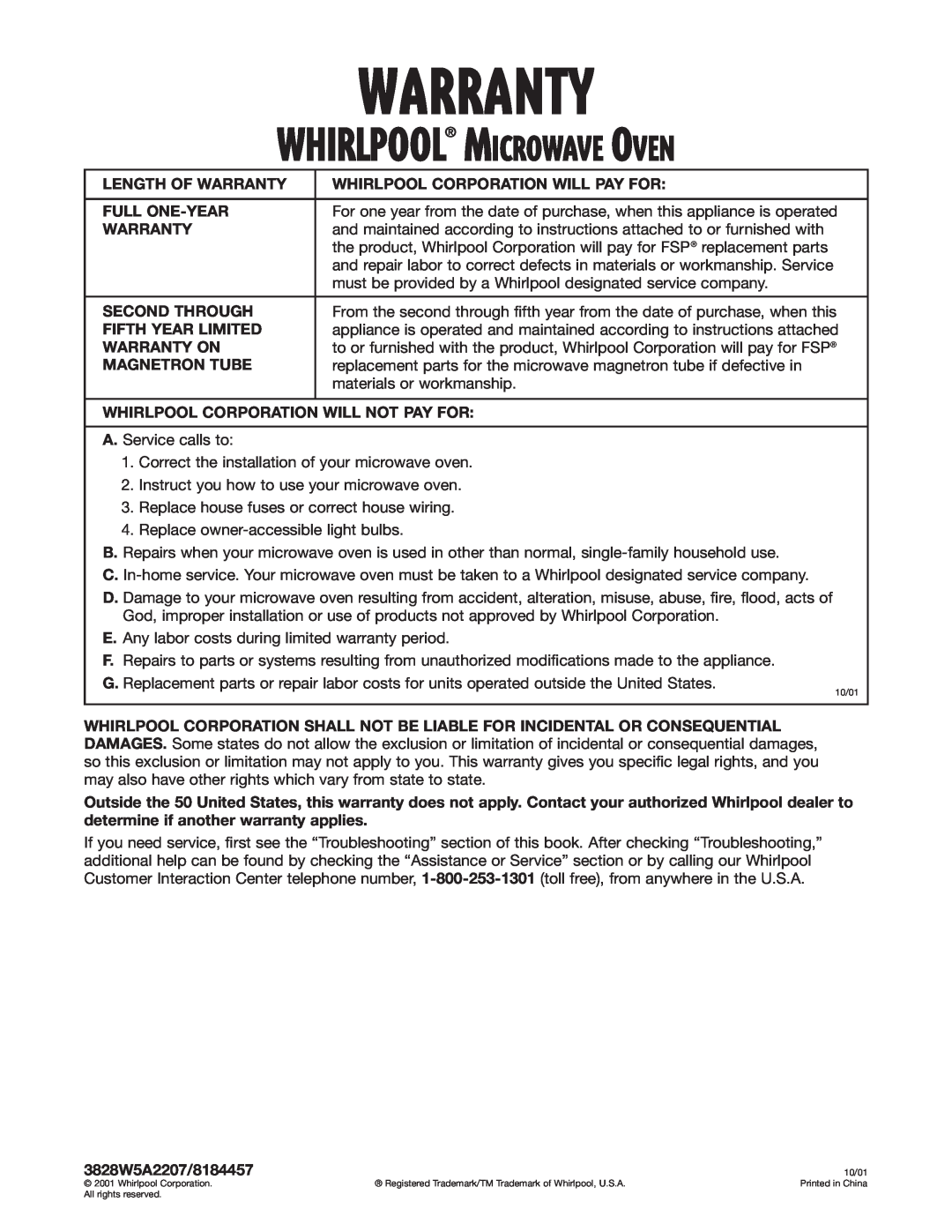 Whirlpool MT1111SK installation instructions Warranty, Whirlpool Microwave Oven 
