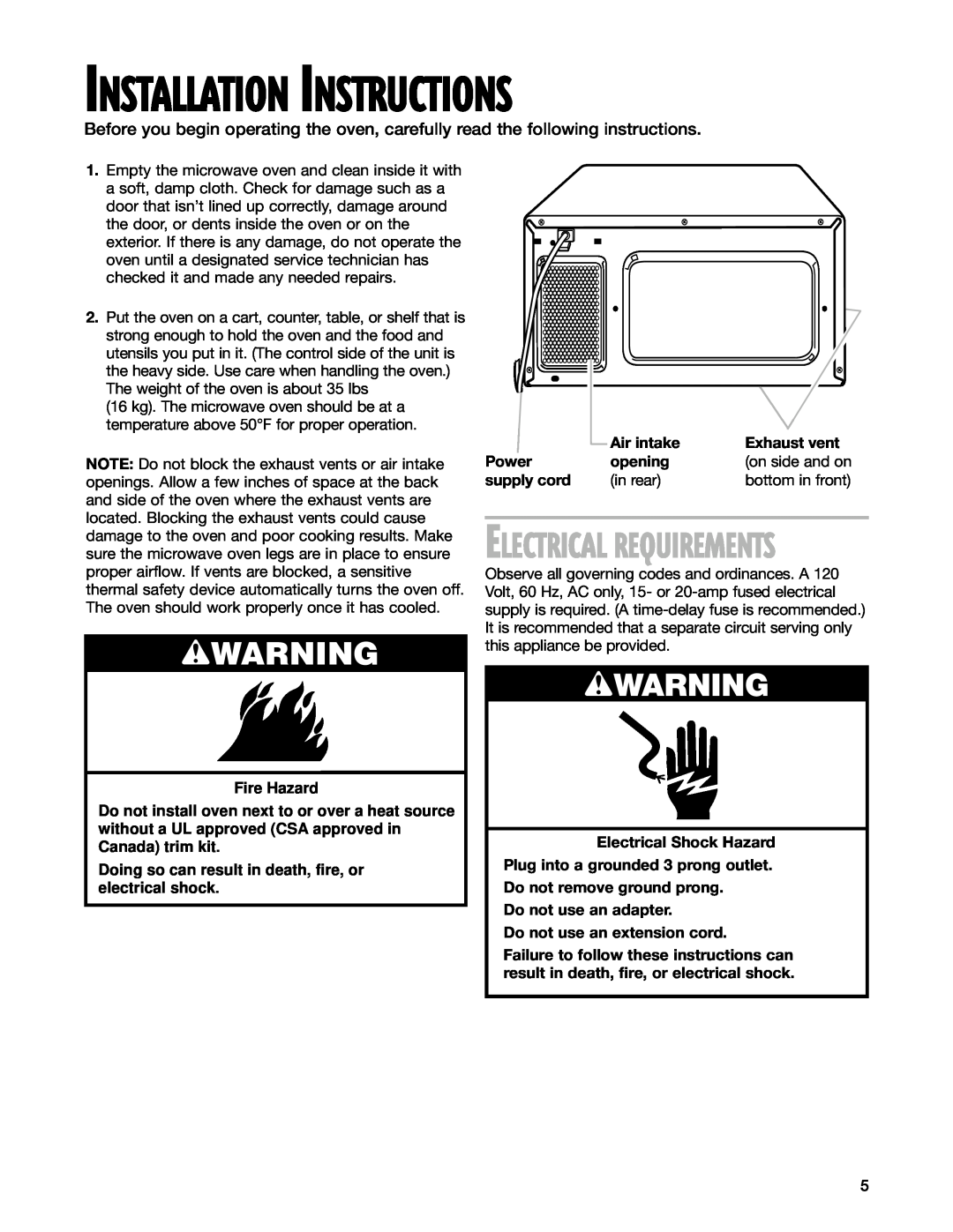 Whirlpool MT1111SK Fire Hazard, Doing so can result in death, fire, or electrical shock, Installation Instructions 