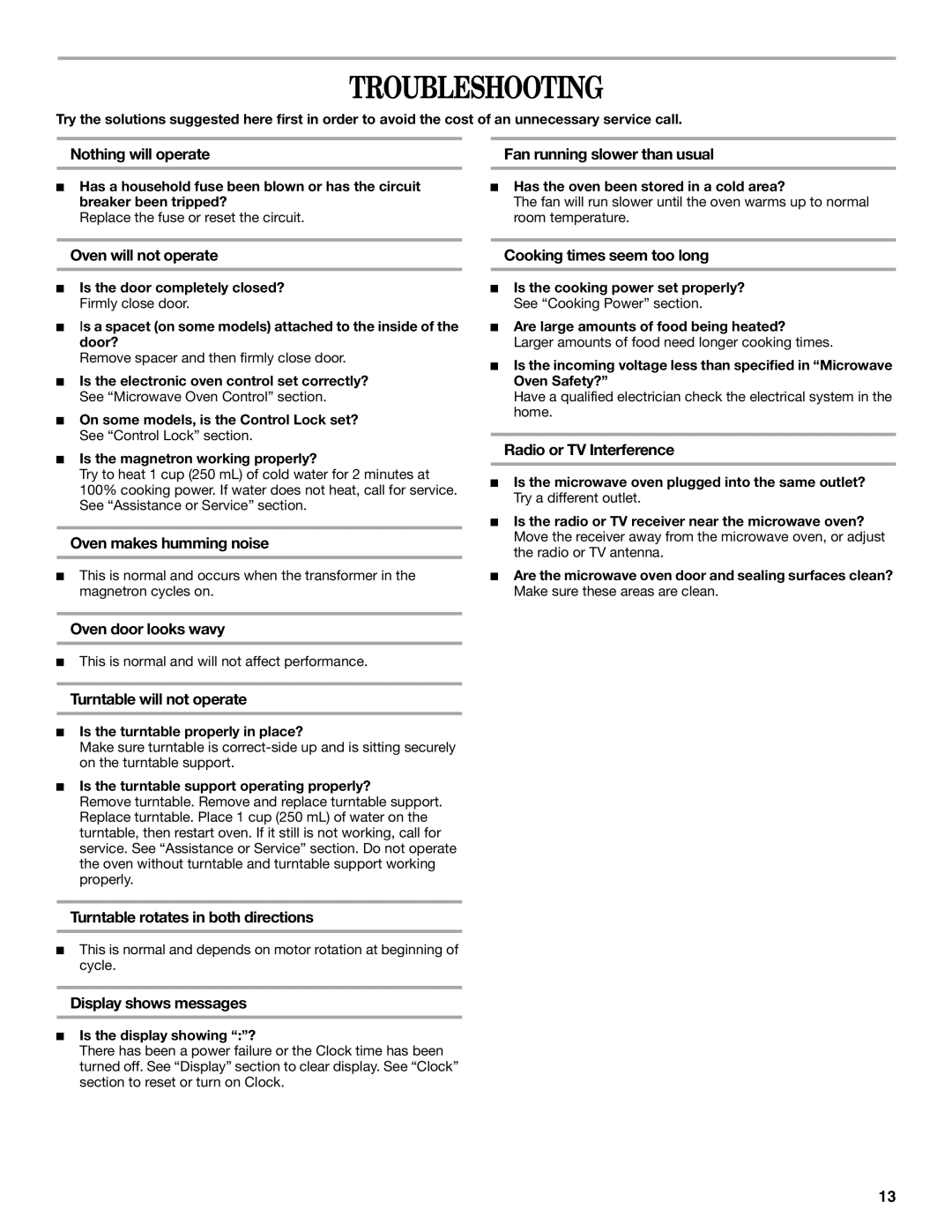 Whirlpool MT1120SL manual Troubleshooting 